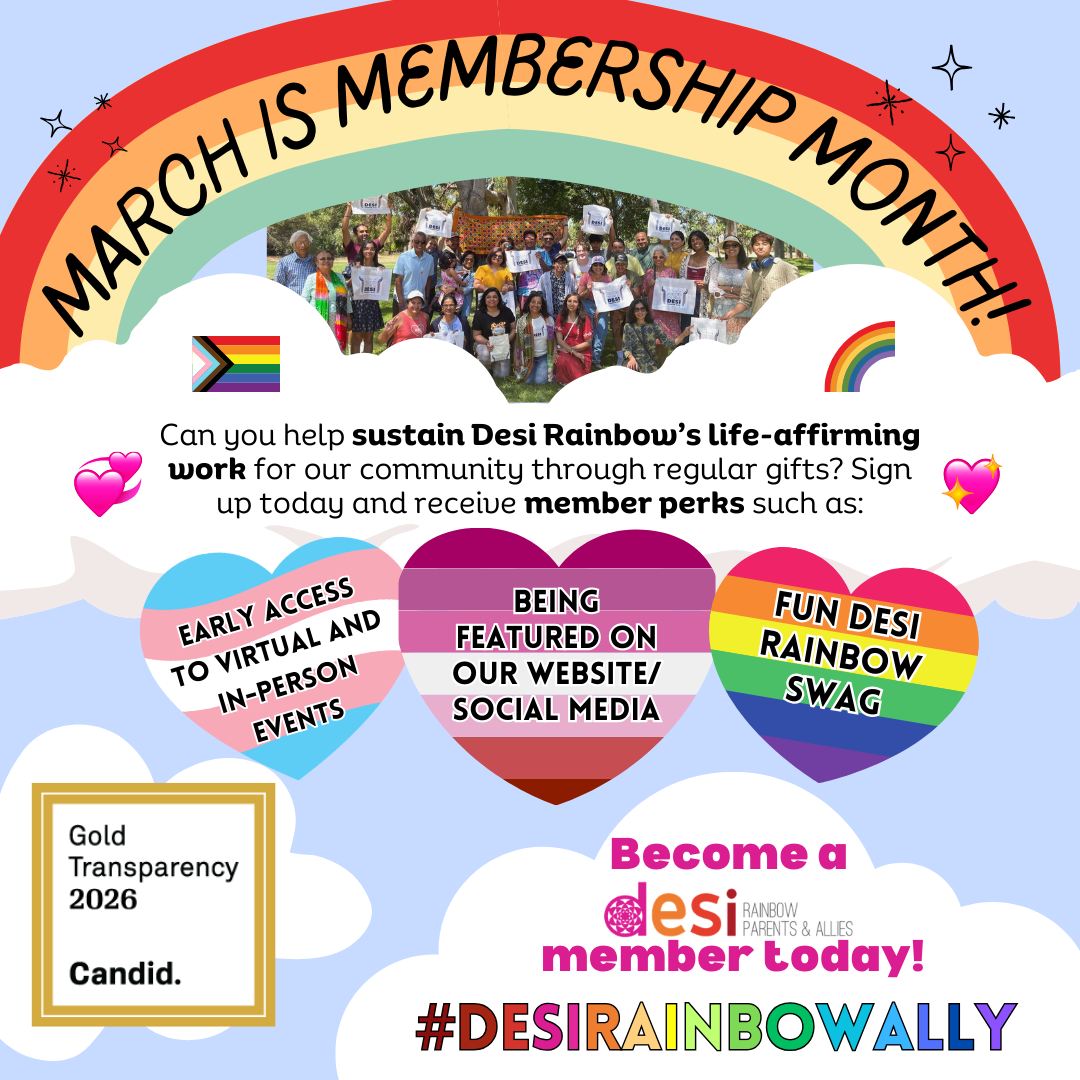 🌈 As the only organization in the United States that is providing a voice and forum for this national, intergenerational and allied community, Desi Rainbow is building a grassroots movement dedicated to creating a Desi Diaspora community that values, affirms and celebrates all LGBTQIA+ identities.
🤝 Join us in this movement by becoming a Desi Rainbow member today! To become a member visit:https://givebutter.com/DesiRMember.
#Membership #Desi #DesiRainbowAlly #DesiQueer