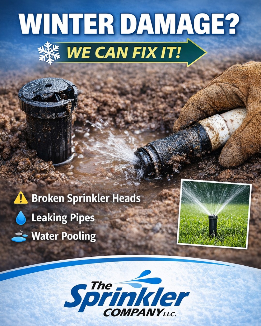 Winter can be tough on irrigation systems ❄️➡️🌱
When the ground freezes and thaws, it can cause:
• broken sprinkler heads
• cracked underground pipes
• system leaks
• uneven watering
If you notice dry spots or water pooling, it may be time for a repair.
The Sprinkler Company can inspect your system and get everything running perfectly for the season ahead.
✔ Fast repairs
✔ Full system inspections
✔ Residential irrigation experts
thesprinklerco.com
#IrrigationRepair #SprinklerSystem #WinterDamage #TheSprinklerCompany