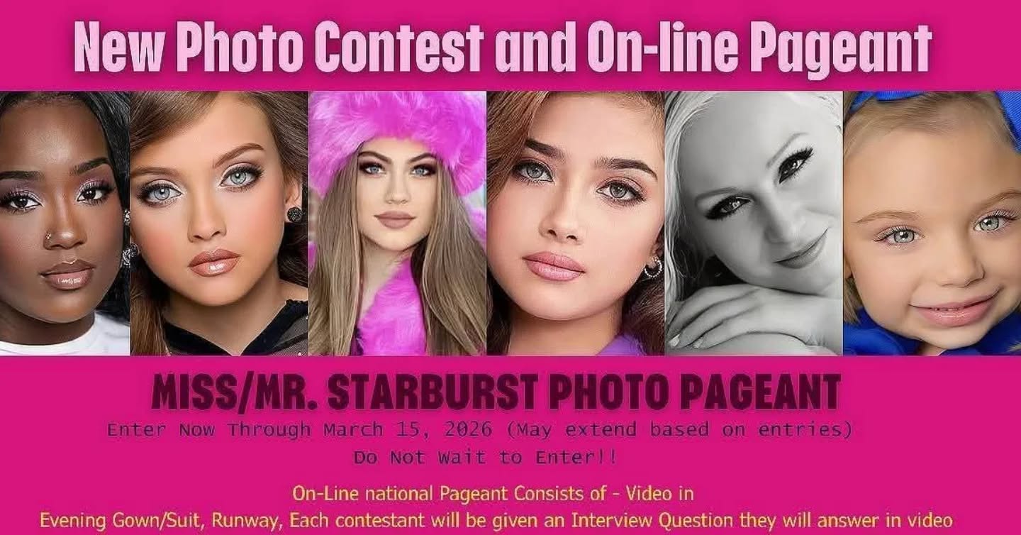 3 more days for you to enter the Miss/Mr. Starburst Online Photo Pageant for fees paid for the online National Pageant. Apply here
https://www.misstourismpageants.com/photo-contest-2027