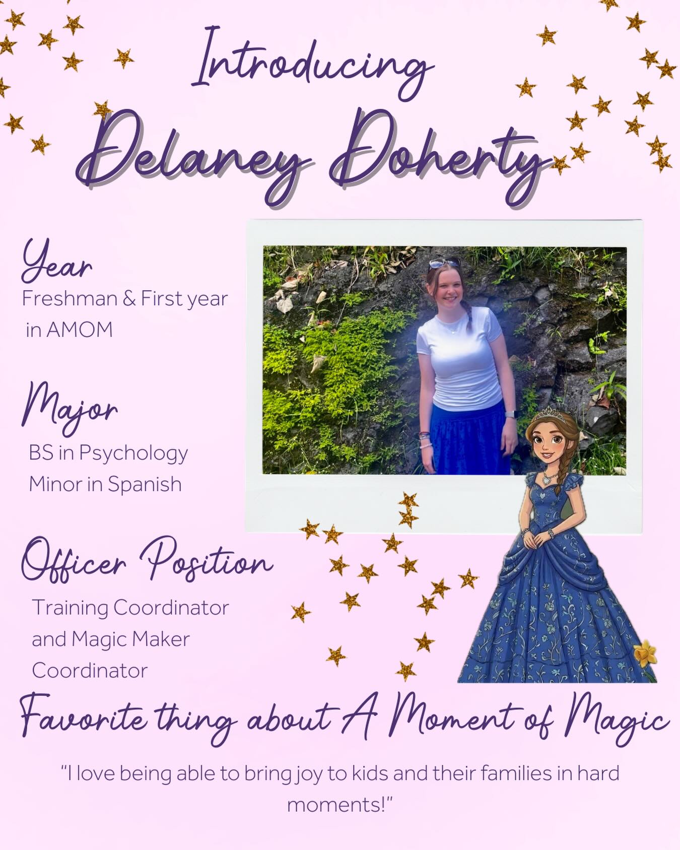 Today we are introducing another exec team member!
Meet Delaney Doherty, she is a freshman who is majoring in Psychology with a minor in Spanish. This is her 1st year serving in AMOM! We can’t wait to see what you accomplish this year💜