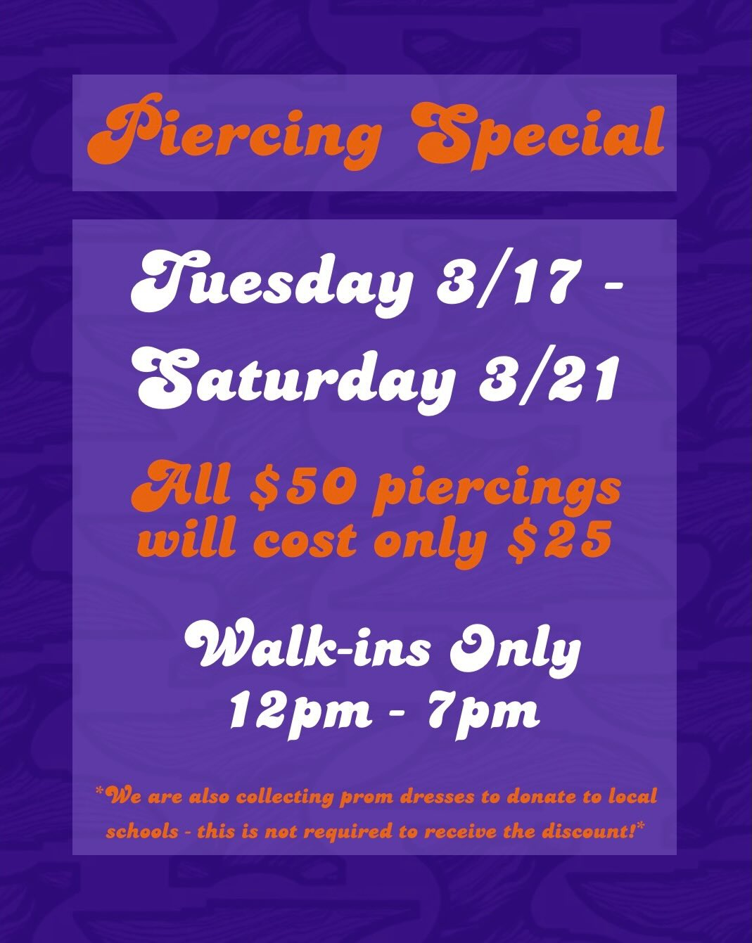 ‼️THIS WEEK AT IRONWOOD 3/17 - 3/21‼️
💎 @cassidy_pokes is running her Spring Break Piercing Special this Tuesday-Saturday from 12pm-7pm! All normally priced $50 piercings will cost ONLY $25 😎 Check out her post or our website for a list of the eligible piercings. She is also collecting prom dresses to donate to local schools if you would like to contribute!
*Child’s lobes (ages 7-13) are not included in the special
*Anyone getting pierced must present a valid, state-issued, non-expired ID for paperwork purposes. Please view our posted policies for minors to receive services or give us a call with any questions
We have tattoo time with:
@seth_agar_tattoo
❗️Give us a call to move up an existing appointment or stop by the shop for a walk-in consultation to get on the books!
❗️All appointments require a consultation and non-refundable deposit to secure a spot. Walk-ins are welcome if the time has not been claimed!
*Anyone receiving services will need a valid, state-issued, non-expired ID for paperwork purposes. Check out our posts or give us a call for documentation requirements for minors!
#ironwoodink #omahatattooshop #omahapiercing #piercingspecial #omahanebraska