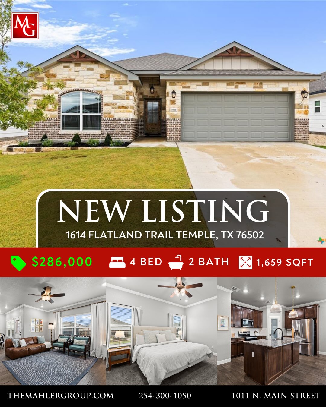 NEW LISTING AVAILABLE! 🏡🔑
1614 Flatland Trail Temple, TX 76502
4 Bed/2 Bath 1659 Sqft
$286,000
THIS POPULAR JERRY WRIGHT HOMES FLOOR PLAN IN PRAIRIE RIDGE IS A CRAFTSMAN-INSPIRED BEAUTY OFFERING STANDOUT CURB APPEAL WITH ITS IMMACULATE LANDSCAPING & A STRIKING BRICK & STONE EXTERIOR! Once inside & past the attractive solid wood front door, a welcoming entry opens to a desirable split-bedroom layout—perfect for a private office, study, gaming room, or guest bedroom tucked away from the main living areas. Crown molding throughout the main living areas adds an elevated touch, and durable ceramic tile runs through the home with cozy carpet in the bedrooms only. The open, island kitchen is a showstopper with rich dark wood cabinetry, granite countertops, subway tile backsplash, stainless steel appliances, and stylish pendant lighting over the island workspace—plus a spacious corner pantry. The dining area offers easy access to the backyard for seamless indoor/outdoor entertaining. The owner’s suite is a true retreat featuring a deep cultured marble garden tub, separate ceramic tile shower, and a luxury-height double vanity. Unwind on the covered back patio overlooking a north-facing backyard complete with privacy fencing and sprinkler system. Conveniently located within walking distance to Temple ISD’s Fine Arts Academy at Sampson-Howard Elementary—don’t miss this one! Ideal possession is end of May - June time frame.