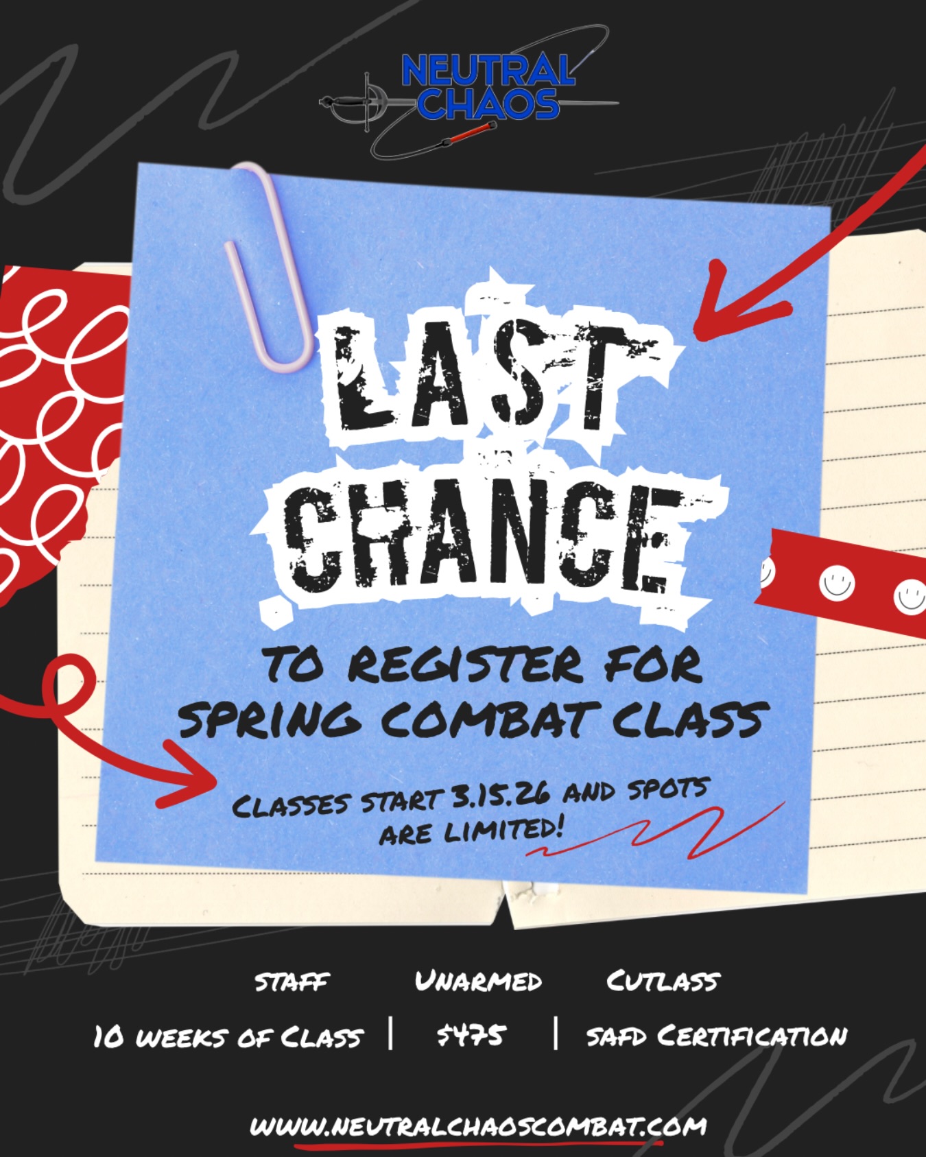 LAST CHANCE!! Don't miss out on the opportunity to fight with us this spring! Classes start this week, 3/15/2026, so SIGN UP TODAY!
Head to the link in our bio for registration! Can't wait to see you soon!
#neutralchaoscombat