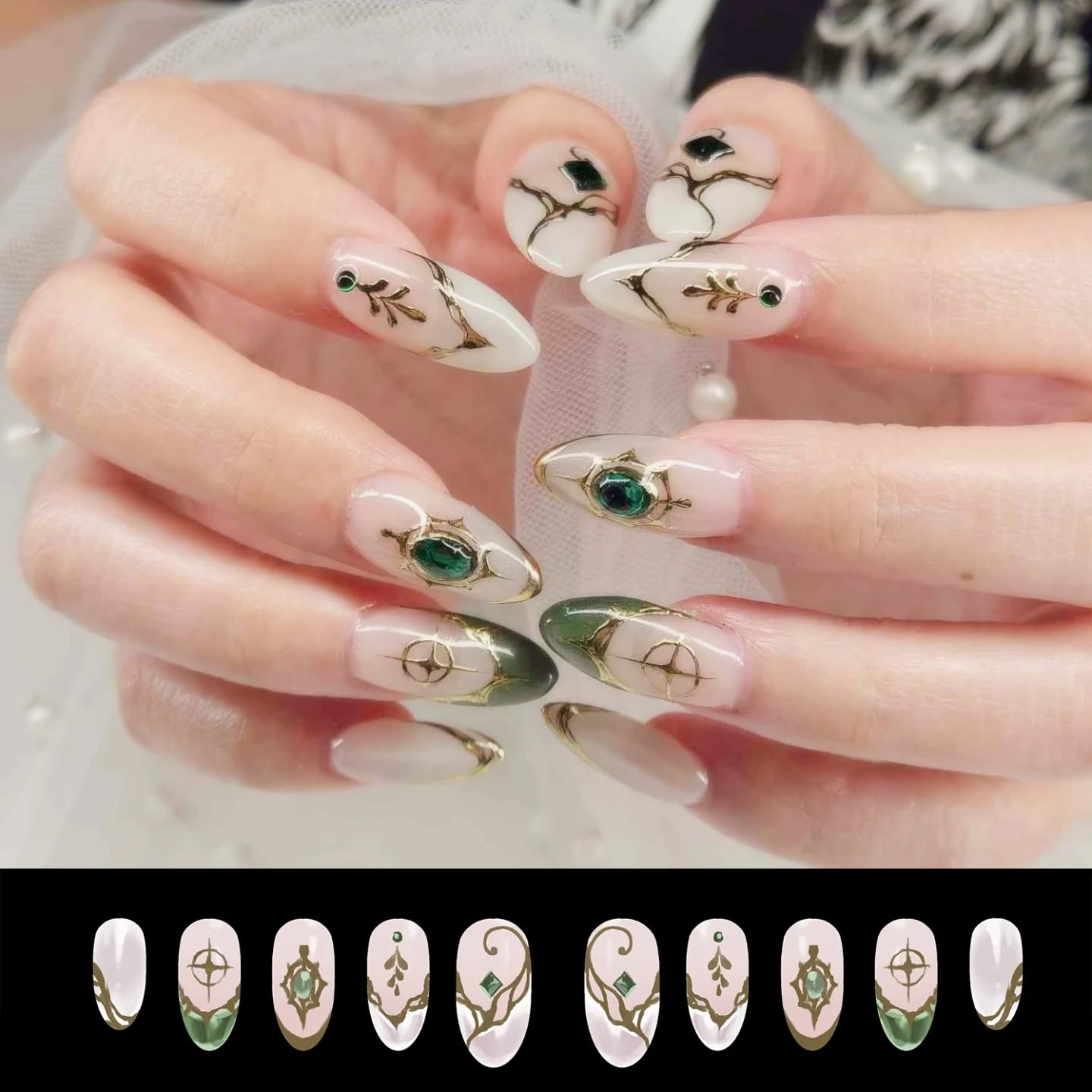 ◇ Garden Jewel. ~ 🌿✨️
designer : @darqprism
nail artist : @akyristudios
Had to have my (@darqprism) nails beautified by the talented @akyristudios, who made them prettier than real! In my wedding colors, they were meant to match my jewelry ♡
#nailsinspiration #fantasynails #fantasyartist #elfcore #faecore