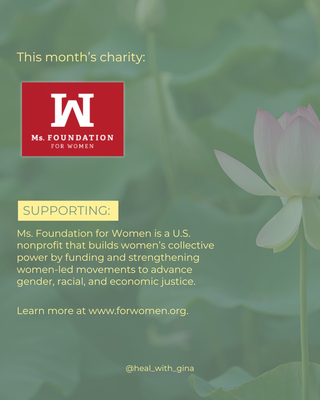 This month I’m supporting the @msfoundation. An organization devoted to strengthening women’s collective power and uplifting movements that advance gender, racial, and economic justice.
When women are supported, empowered, and given resources, entire communities heal and grow. This kind of work ripples far beyond what we can see.
If this mission resonates with your heart, I invite you to learn more and support their work at forwomen.org. Every small act of support helps build a more compassionate and equitable world. 🤍
#CollectiveHealing #WomenSupportingWomen #CommunityCare #HeartCenteredLiving #HealWithGina