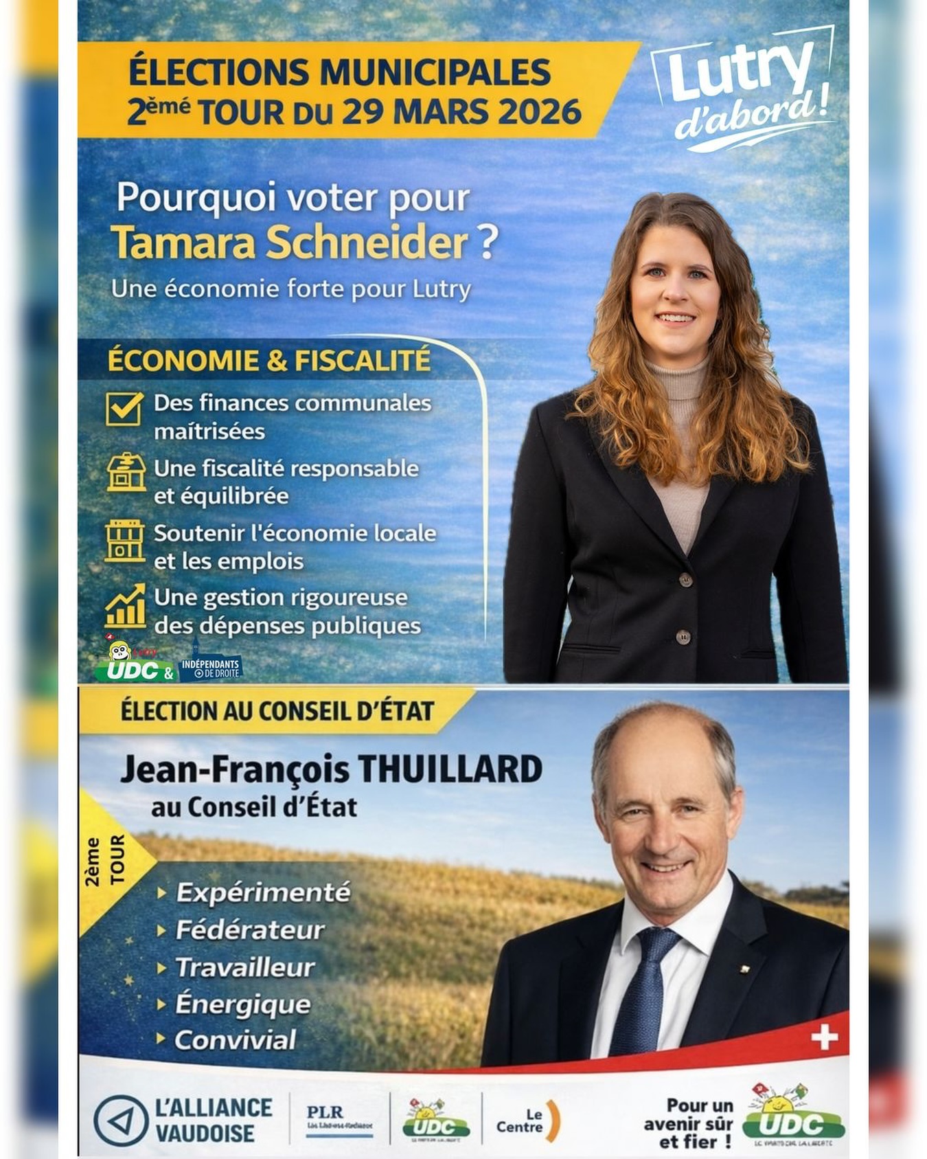 🗳️ 2ᵉ tour – 29 mars 2026
Pour une économie forte, des finances maîtrisées et un avenir solide pour Lutry, soutenez Tamara Schneider à la Municipalité.
Et pour le Conseil d’État, votez Jean-François Thuillard.
Lutry d’abord.
#lutry #ec2026 #udc #finances #impôt