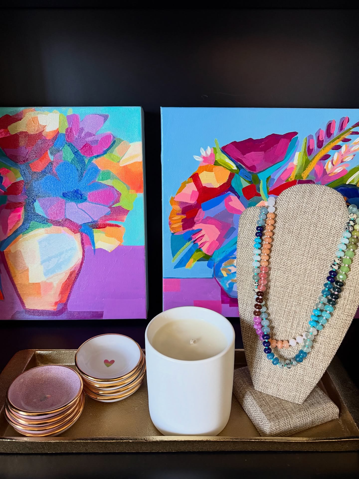 The best way to describe Alma’s new collection and all of this color is…JOYFUL!
Today is the last day to save on the new pieces, so be sure to check the code on your email. And if you don’t get it, send me a message and I’ll share all the details!
Speaking of color - there are only 2 of these fun, bright necklaces left! And candles and the sweet heart ring dishes are all available in Artful Gifts. ❤️