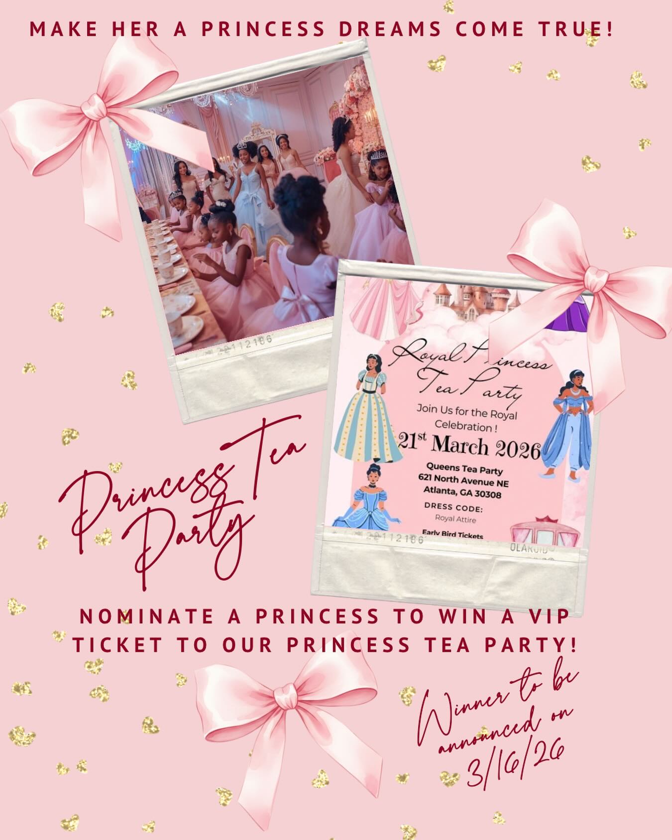 ✨👑 VIP PRINCESS TEA PARTY GIVEAWAY 👑✨
One lucky little princess will receive a VIP invitation to our magical Princess Tea Party! 💕
Think sparkling crowns, sweet treats, beautiful tea service, and a royal afternoon she’ll never forget.
We’re gifting 2 VIP tickets (1 adult + 1 child) to join the celebration!
How to enter:
👑 Follow @atlqueensteaparty
👑 Like this post
👑 Tag a mama with a little princess (each tag = another entry!)
👑 Share to your stories & tag us for a bonus entry
✨ Winner will be announced LIVE on Monday, March 16th at 5PM.
You must be present on the Live to accept your royal invitation! 👑
🎟️ Want to guarantee your seat at the tea table?
Tickets are available now — don’t miss the magic if you don’t win.
Because every little girl deserves to feel like royalty. 💖
#PrincessTeaParty #AtlantaKidsEvents #MommyAndMeAtlanta #AtlantaMomLife #TeaPartyMagic QueensTeaParty LittlePrincessMoments