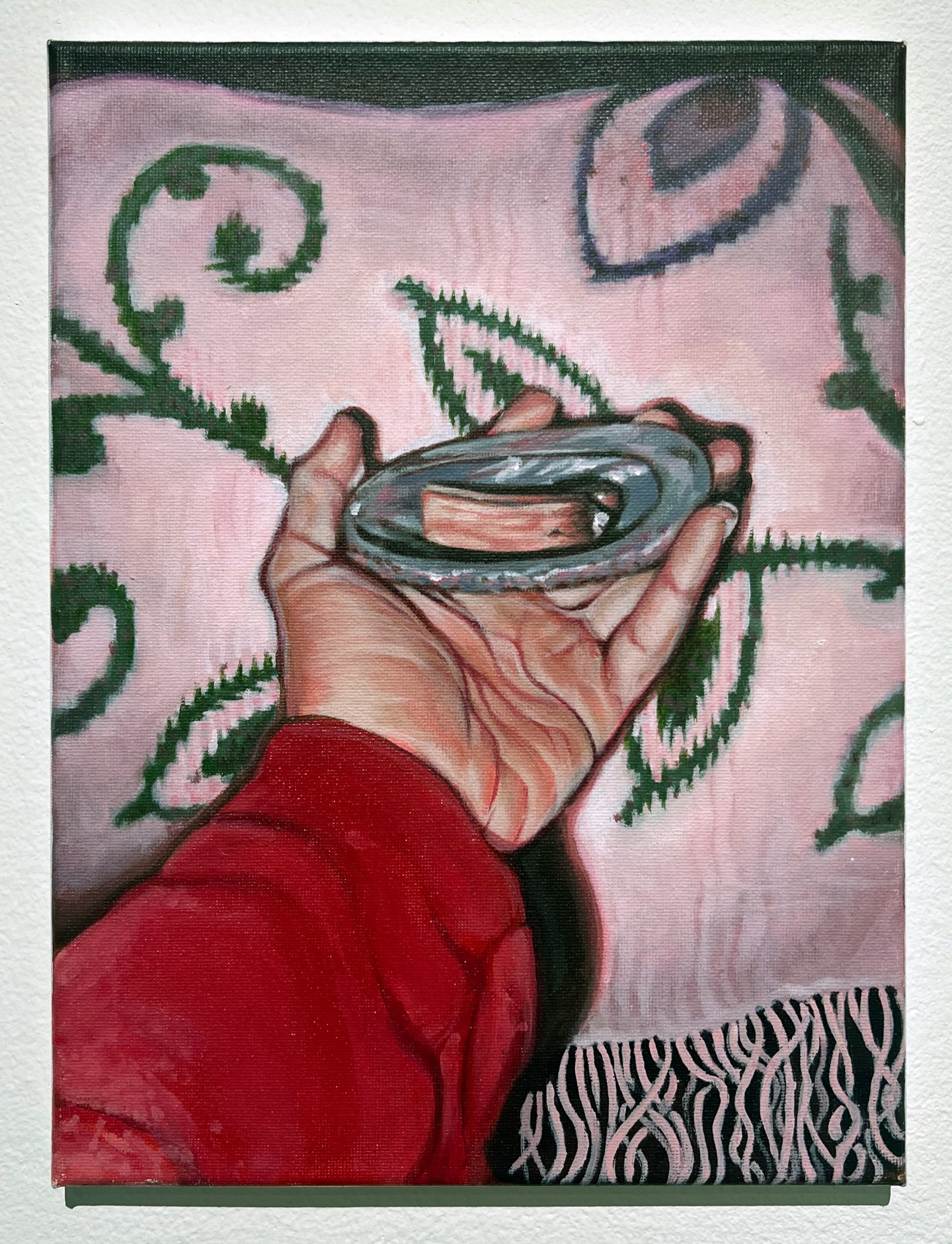 Madelyn Churchill is an American painter based in Minneapolis, Minnesota. She is currently working on her BFA at the University of Minnesota. Churchill’s paintings discuss topics of her indigeneity, pressures of breaking toxic family cycles, feelings of disconnection, and the continuing journey of acceptance and self love. Through challenging the complex societal expectations of Native Americans, Churchill hopes that she can help indigenous peoples to feel recognized, and feel hopeful for a better future. Churchill is currently a student at the University of Minnesota preparing for her BFA Capstone exhibition and graduation in May 2026. While Churchill offers her artistic skills in side projects, such as being a graphic designer for Golden Magazine, and being an illustrator for The Wake Magazine. She is also currently working for University of Minnesota Professors by being a student researcher for Leslie Barlow, and a studio assistant for Mathew Zefeldt.
Self-portraiture as reclamation. Madelyn Churchill turns the “apple” label into evidence, memory, and healing. Challenging narrow expectations of what Native lives “should” look like. Her paintings hold the complexity of blood quantum pressures, small-town racism, and the long work of self-love. @madelynchurchill