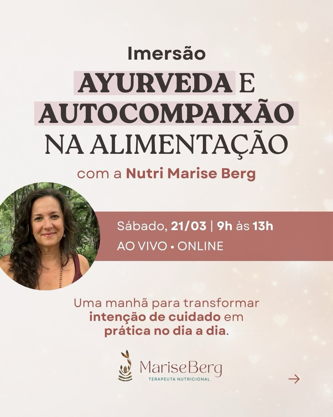 Por que é tão difícil sustentar o próprio autocuidado?
É isso que vamos explorar em uma manhã de imersão para reorganizar a relação com o cuidado de si, com a alimentação e com os hábitos.
Um encontro ao vivo comigo, dividido em 4 blocos experienciais:
• por que sabemos o que fazer e mesmo assim não fazemos
• estresse, autocrítica e comportamento alimentar
• eixo intestino–microbiota–cérebro–mente
• motivação e mudança de hábitos
Com conteúdo acessível, reflexões guiadas, práticas meditativas e estratégias para transformar intenção de cuidado em prática no dia a dia.
📅 21 de março
⏰ 9h às 13h — ao vivo pelo Zoom
Se você já percebeu que até sabe o que fazer, mas não consegue manter, talvez o que precise mudar não seja a dieta — e sim a forma como você se trata nos altos e baixos desse percurso, além de cultivar uma motivação lúcida e sustentável.
✨ Todas as informações estão no link da bio.