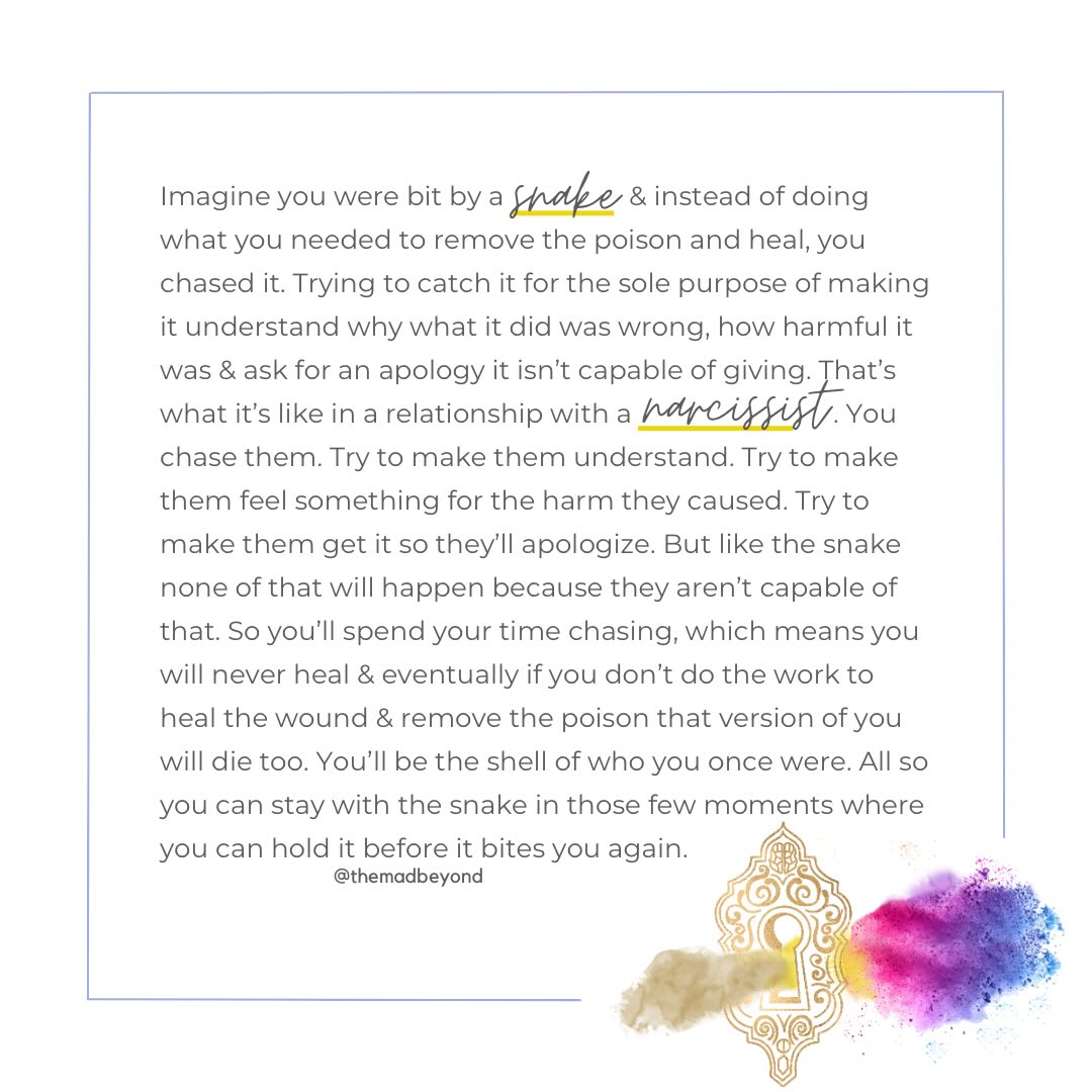 What it’s like loving a narcissist 🐍💔
.
.
WANNA STAY M.A.D.?!👇
💻 ECOURSES: Get tools to help you heal from narcissistic family dynamics, lead with insight & level up your self-care (LINK IN BIO).
.
👚MERCH: Mugs, apparel (sizes S-3XL), & more (LINK IN BIO).
.
🗞 NEWSLETTER: Don’t miss the newsletter when it drops! Sign up for the The M.A.D. Beyond newsletter today to stay M.A.D. (LINK IN BIO).
.
🛋 THERAPY: @themadtherapy IA/IL/FL
.
🧠 Social media is not therapy. All posts on The M.A.D. Beyond’s social media accounts are for educational purposes only and are not a replacement or substitution for mental health services. Read the disclaimer to at TheMADBeyond.com to learn more.
.
.
#themadbeyond #themadtherapist #emotionalabuse #narcissim #healthyrelationship