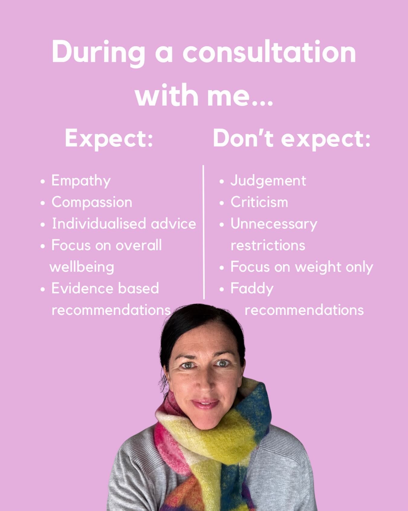 💗 I thought I would clarify what does and doesn’t happen during a consultation with me.
🙋🏻♀️ For those who don’t know me- I am a registered dietitian with over 20 years experience in clinical, and freelance settings!