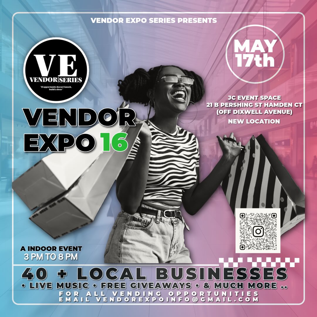 Vendor Expo 16 is officially on the way…
and it’s going to be BIGGER than ever! 🎉
Join us Sunday, May 17th, 2026 at The NEW spacious location📍 21B Pershing St, Hamden, CT
This exciting event will feature 40+ local businesses from across the Tri-State area, bringing together an incredible mix of shopping, food, treats, health & wellness, fashion, and more. 🛍️🍰✨
We are NOW ACCEPTING VENDORS!
Take advantage of our Early Bird Vendor Special — only $50⏳ Available until April 17th, 2026
If you have a business in:👕 Clothing & Fashion🍴 Food Vendors🌿 Health & Wellness🍪 Treats & Desserts🎨 Handmade Goods✨ And more…
This is your chance to showcase your brand, connect with new customers, and be part of one of the Tri-State’s growing vendor experiences.
Don’t miss the opportunity to be part of an amazing day of community, culture, and shopping!
📩 Secure your vendor spot today before spaces fill up!
For Registration Link Dm @vendorexposs
#VendorExpo16 #HamdenCT #ConnecticutEvents #TriStateVendors #ctevents