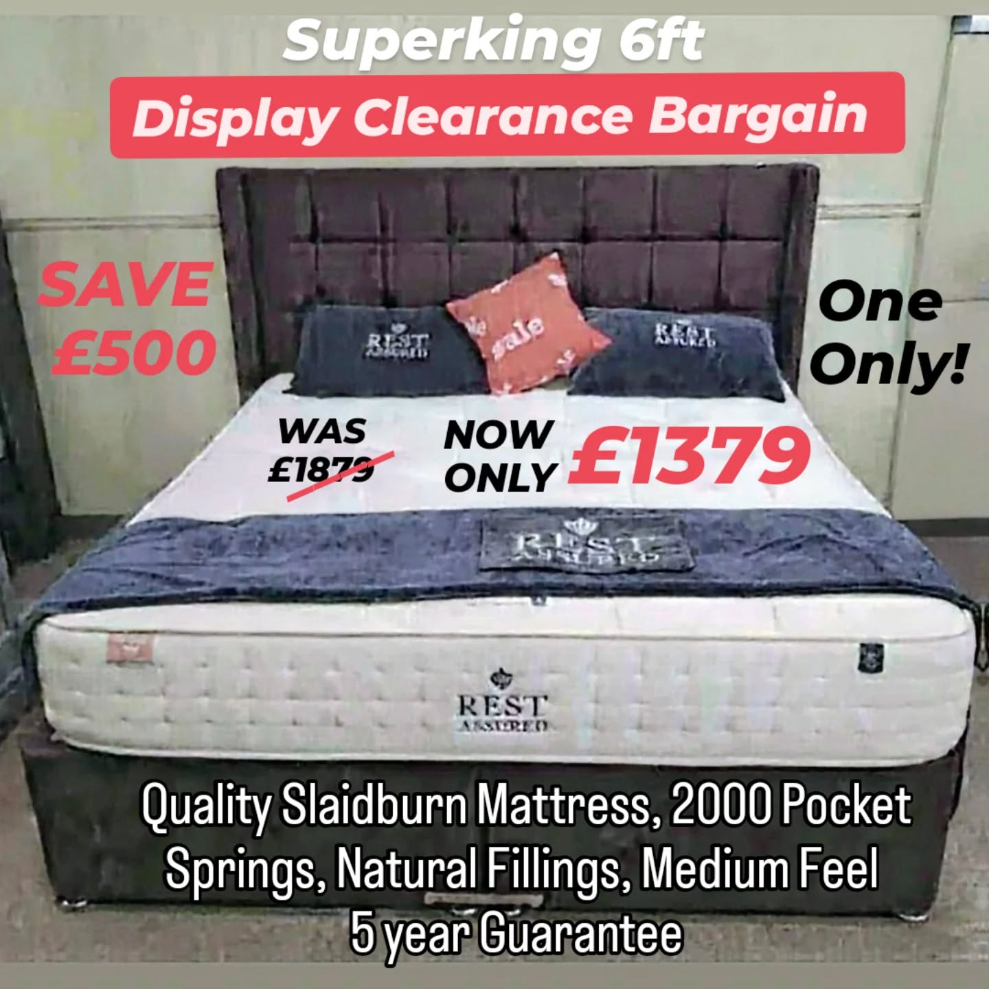 Don't miss out on this absolutely fantastic bargain! Only reduced to make way for a new 6ft electric lifestyle bed coming soon! This is our display model so there is only one at this price. This is a quality UK made 'Rest Assured' 2000 pocket sprung mattress with a popular medium comfort feel and sumptuous natural fillings. It has a tiny flaw to the fabric which in no way affects the use or comfort which also reflects the massive saving. Sold as seen in store.
Bargain!!!!