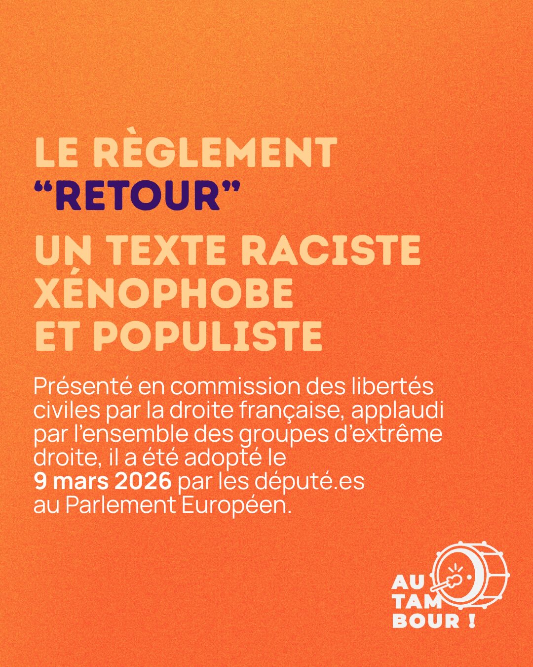 âŒïž Le rĂšglement âRETOURâ a Ă©tĂ© adoptĂ© lundi 9 mars 2026 par les dĂ©putĂ©s europĂ©ens en commission des libertĂ©s civiles.
Prochaines Ă©tapes :Â
La dĂ©cision dâengager des nĂ©gociations interinstitutionnelles doit ĂȘtre approuvĂ©e par lâensemble du Parlement avant que les nĂ©gociations avec le Conseil sur la forme finale de la lĂ©gislation puissent commencer.
âŒïžCe texte autorise la traque des personnes en situation de migration : les forces de police nâauront plus besoin de mandat pour entrer dans des domiciles ou des locaux dâassociations.Â
âŒïž Ce texte, prĂ©sentĂ© par fxb, a Ă©tĂ© adoptĂ© grĂące Ă une stratĂ©gie dâalliance avec les groupes dâextrĂȘme droite.
Extrait de lâitw nausĂ©abonde de fxb (Ă retrouver sur sa page du Parlement)Â
âLe texte prĂ©cise trĂšs clairement quâaucune considĂ©ration autre quâune urgence vitale ne doit pouvoir retarder lâexĂ©cution dâune dĂ©cision de retour. Câest un point essentiel. Bien entendu, nous croyons Ă la nĂ©cessitĂ© de respecter les droits fondamentaux. Mais nous refusons de rester dans une situation oĂč les droits individuels sont systĂ©matiquement opposĂ©s Ă lâapplication de la loi.âÂ
Force et soutien à tous.tes les concerné.es
âđ»âđŒâđżâđŸâđœ