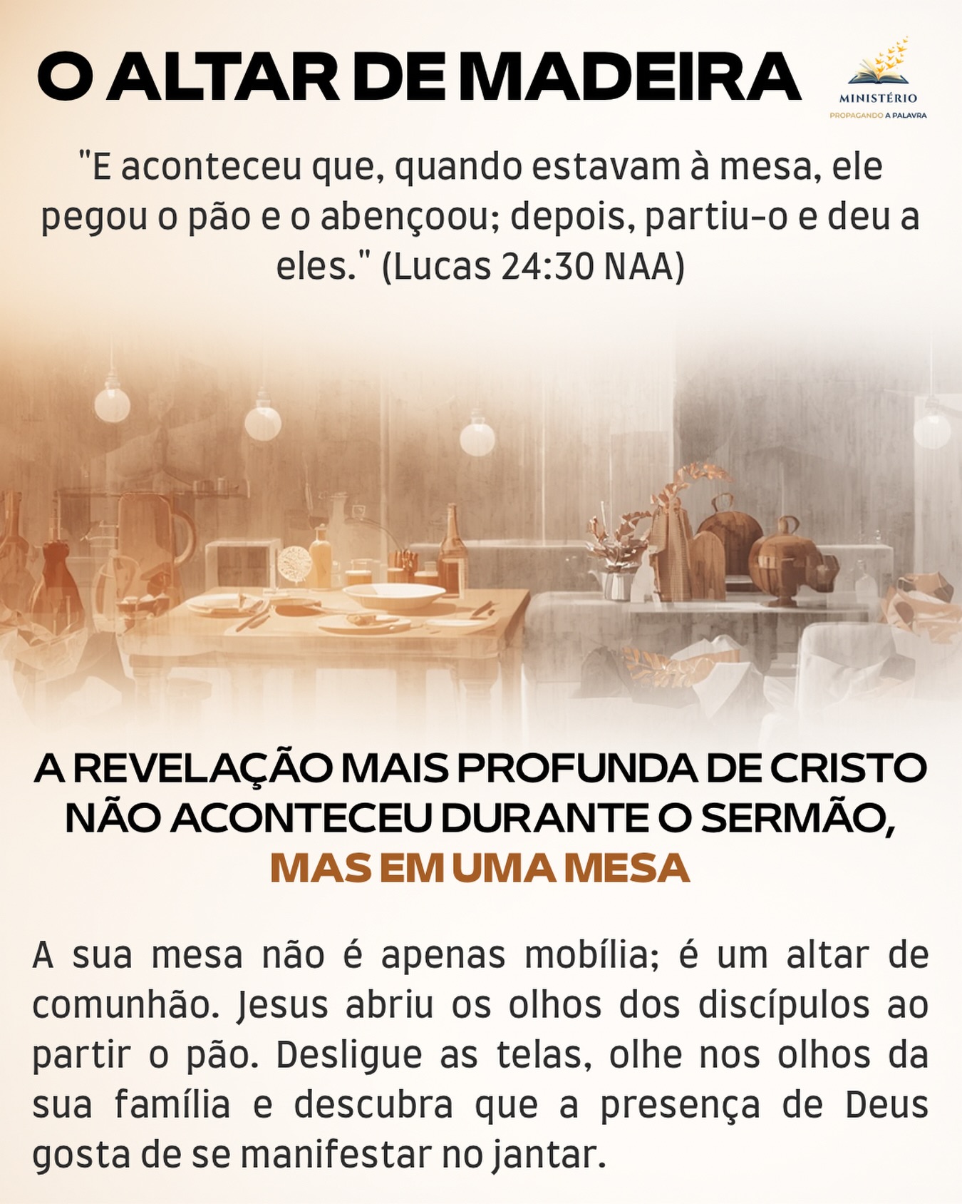 A revelação mais profunda de Cristo não aconteceu durante o sermão, mas em uma mesa. 🍞✨
Meu querido irmão, olhe para a mesa da sua cozinha ou sala de jantar. O que está em cima dela agora? Talvez chaves, contas a pagar, ou correspondências acumuladas. Na correria da nossa geração, transformamos a hora da refeição em uma linha de montagem: cada um pega o seu prato e vai para o sofá, com os olhos fixos na tela do celular.
Mas nós perdemos algo muito precioso no meio dessa pressa. Quando Jesus andou com os discípulos no caminho de Emaús, Ele deu a eles a maior aula de teologia da história, mas os olhos deles continuaram fechados. O milagre não aconteceu na estrada. Lucas 24:30 nos diz que foi apenas quando Ele se sentou à mesa, pegou o pão e o partiu, que os olhos deles se abriram.
A sua mesa de jantar não é apenas um móvel de madeira ou vidro. Ela é um altar. A presença de Deus gosta de se manifestar no cheiro da comida quente, no olhar olho no olho, no perdão liberado entre pais e filhos, nas risadas e na comunhão diária.
O milagre de que a sua família tanto precisa pode não vir de uma grande conferência, mas da decisão de desligar a televisão e perguntar, enquanto dividem o pão: “Como foi o seu dia hoje?”.
Qual é o maior obstáculo hoje para que a sua família tenha refeições de verdadeira comunhão? Compartilhe comigo aqui nos comentários. Eu quero orar para que a sua mesa seja um lugar de revelação e cura.
Aprofunde a sua jornada de fé com os meus livros. O link está na Bio. 🔗
#OSagradoNoComum #PresencaDeDeus #FamiliaNoAltar #MesaDaComunhao #DevocionalDiario
