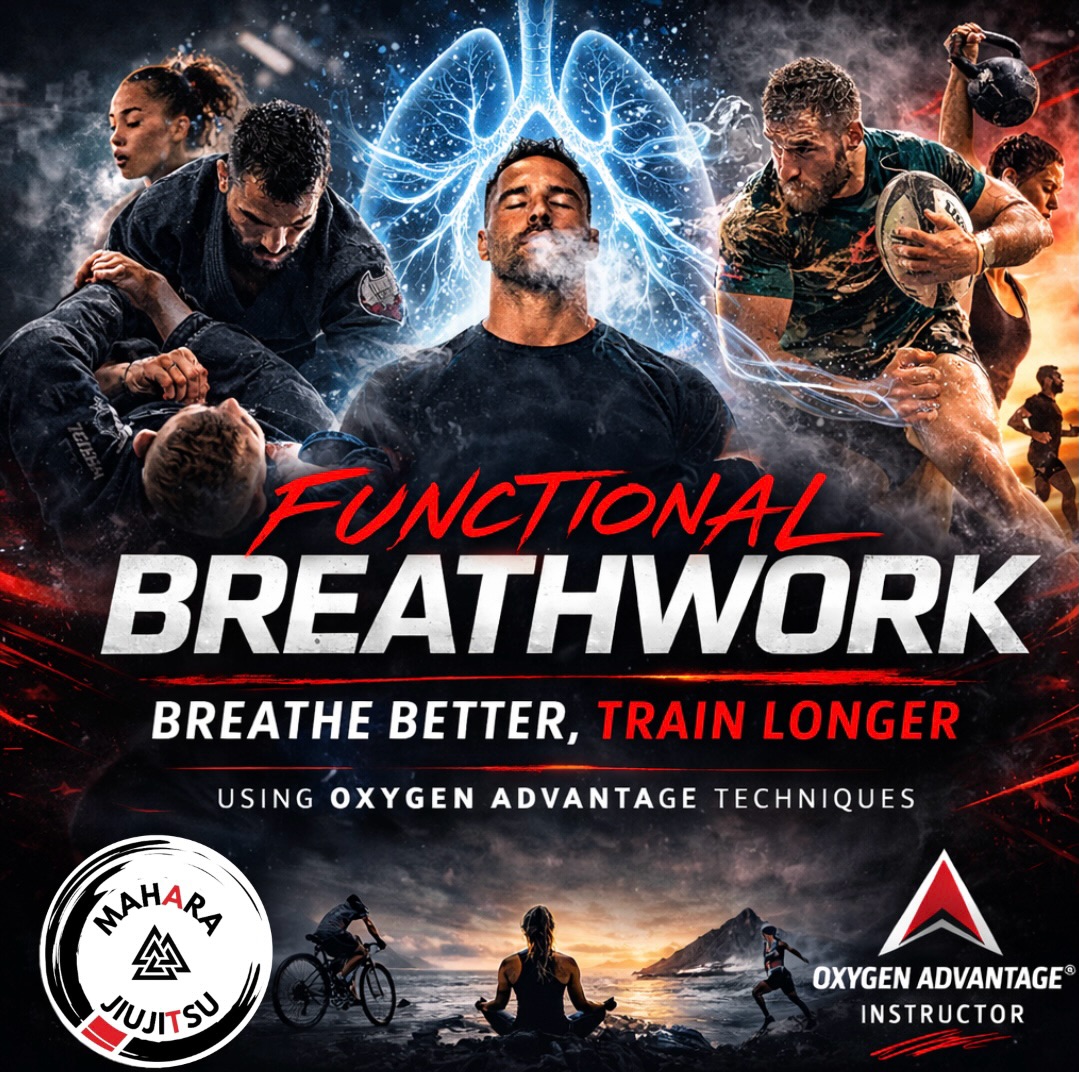 🫁 Re-introducing Functional Breathwork -
Breathe Better. Train Longer.
Most people breathe too much.
This reduces oxygen delivery to your muscles, increases fatigue, and causes you to gas out faster than you should.
Using Oxygen Advantage techniques (@oxygenadvantage ), Functional Breathwork retrains the way you breathe so your body becomes more efficient under pressure.
Benefits include:
• Better endurance in BJJ
• Faster recovery between rounds
• Improved stamina for rugby, running and other sports
• Greater control under pressure
• Reduced stress and better sleep
Breathing is the foundation of performance.
Train it like any other skill.
#BreatheBetter #TrainLonger #OxygenAdvantage #BJJPerformance #FunctionalBreathwork
