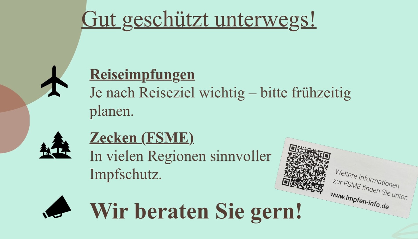 ☀️ Sommer, Reisen, Abenteuer – aber sicher!
Kinder lieben es draußen zu spielen 🌿
Doch Zecken können in Risikogebieten Krankheiten übertragen – z. B. FSME
💉 Gute Nachricht:
Die Zeckenimpfung (FSME) ist bereits ab dem 1. Geburtstag möglich und bietet einen wirksamen Schutz. 
✈️ Auch vor Fernreisen lohnt sich ein Blick in den Impfpass.
👩⚕️ Wir beraten Sie gerne zu
✔️ Reiseimpfungen
✔️ Zeckenschutz
✔️ individuellem Impfschutz für Kinder
📞 Wir beraten Sie gerne!
#zecken #impfung #reisen #naturliebe #kinderarzt