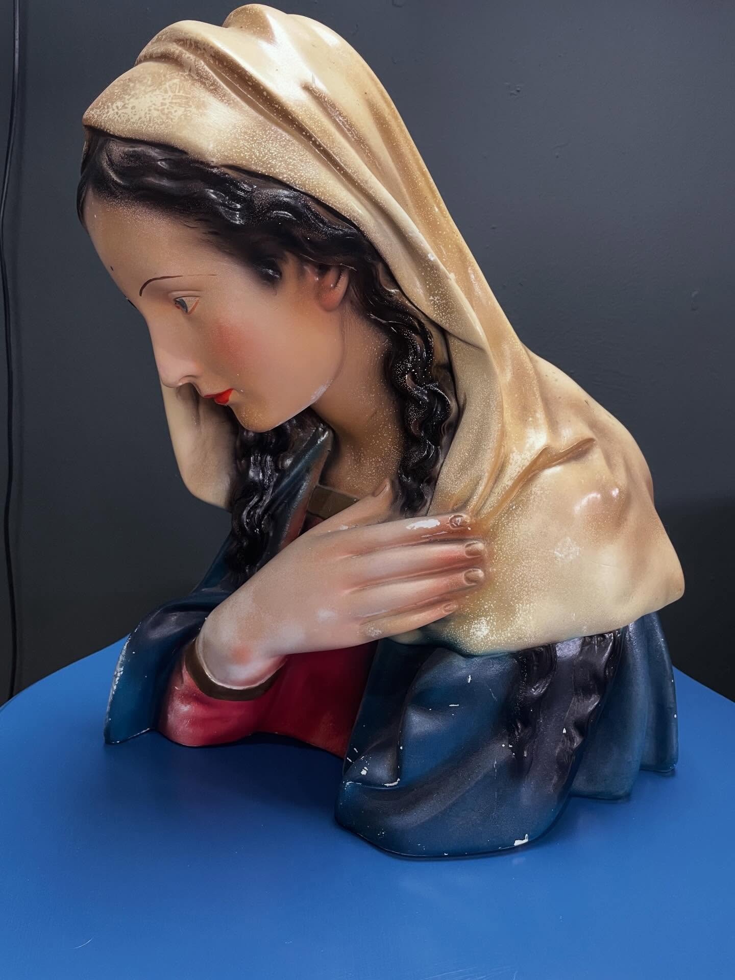 Happy Mother’s Day!
Very apt today we are posting this gorgeous head statue of Mary also known as Blessed Mother.. Designed to sit on a mantel or shelf it is narrow with a flat back. Beautifully painted chalkware, it has lovely fine details to hands and face. Probably from France or Belgium dating from 1930s-50s H41cm £75
#mary #blessedmother #religiousstatue #headstatue #mother