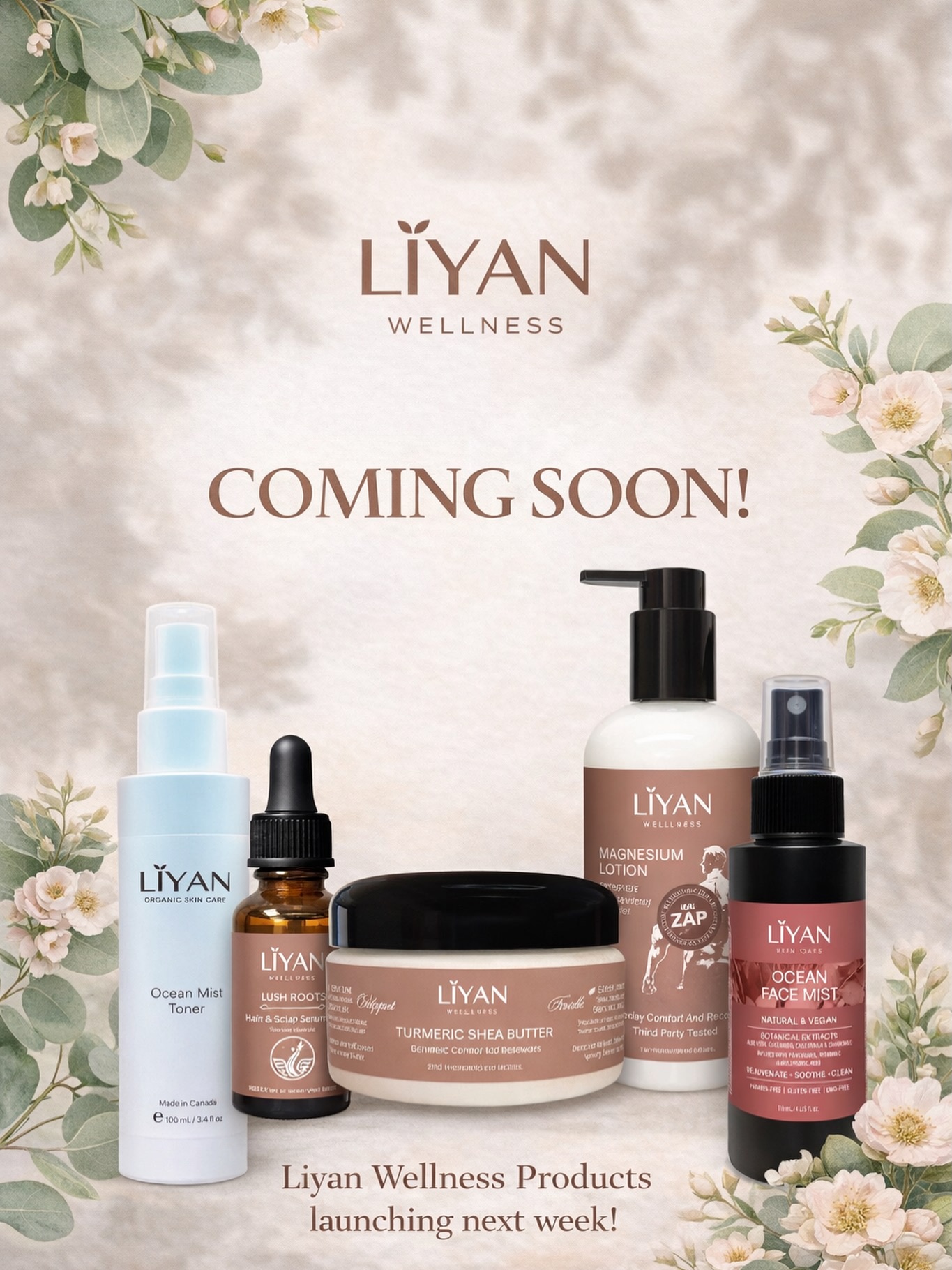 Something beautiful is blooming… 🌿✨
We’re so excited to give you a sneak peek at LIYAN WELLNESS — a collection created to nourish your skin, hair, and body with gentle, nature-inspired care.
Launching next week, our first collection features:
💧Ocean Face Mist – a refreshing botanical mist to hydrate and revive your skin
🌱 Lush Roots Hair & Scalp Serum – designed to nourish your scalp and support healthy hair
✨ Turmeric Shea Butter – deeply moisturizing with a radiant glow
💆♀️ Magnesium Lotion – comfort and relaxation for tired muscles and everyday wellness
✨ You won’t want to miss our special launch discount!
Follow us to be the first to know when we go live.
#cleanbeauty #skincare #haircare #selfcare #canada