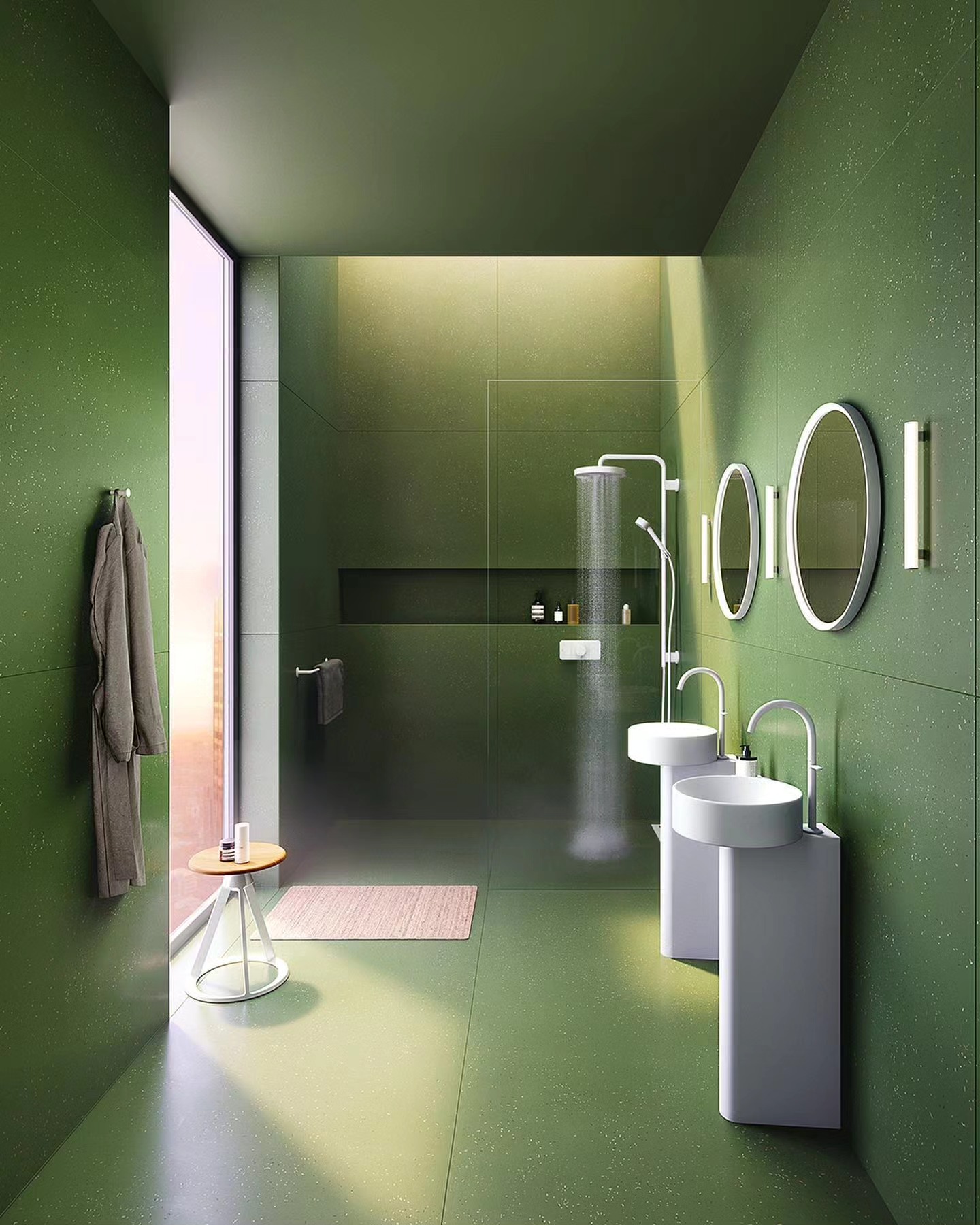 A new style that allows creativity in conservative spaces. Contact us through our website for details.
‘Skyline’ is a bathroom idea for a slim, elegant bathroom in the corner of a penthouse apartment in urban environments, where space is at a premium but the desire for luxury remains. Equipped with the AXOR One collection - including the new Matt White tap and AXOR Universal Circular Accessories, Skyline offers a personal vision that reinterprets beauty and wellbeing in smaller spaces.
The concept is inspired by a move towards more compact living, focusing on being clever about the use of space. Colour is fundamental to interior design - here, the green colour offers a calming environment and striking visual contrast to the new matt white finish.
#barberosgerby #AXOR #AXOROne #edwardbarber #jayosgerby #exquisitebathrooms #slim #bathroomdesign #calm