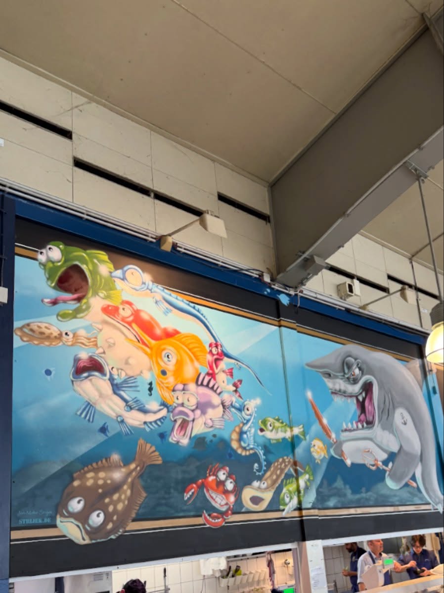 Kleinmarkthalle Frankfurt, Fish Dealer Shop-Front of Frank’s Fischmarkt. #graffiti #streetarteverywhere #streetart #frankfurt #kleinmarkthallefrankfurt