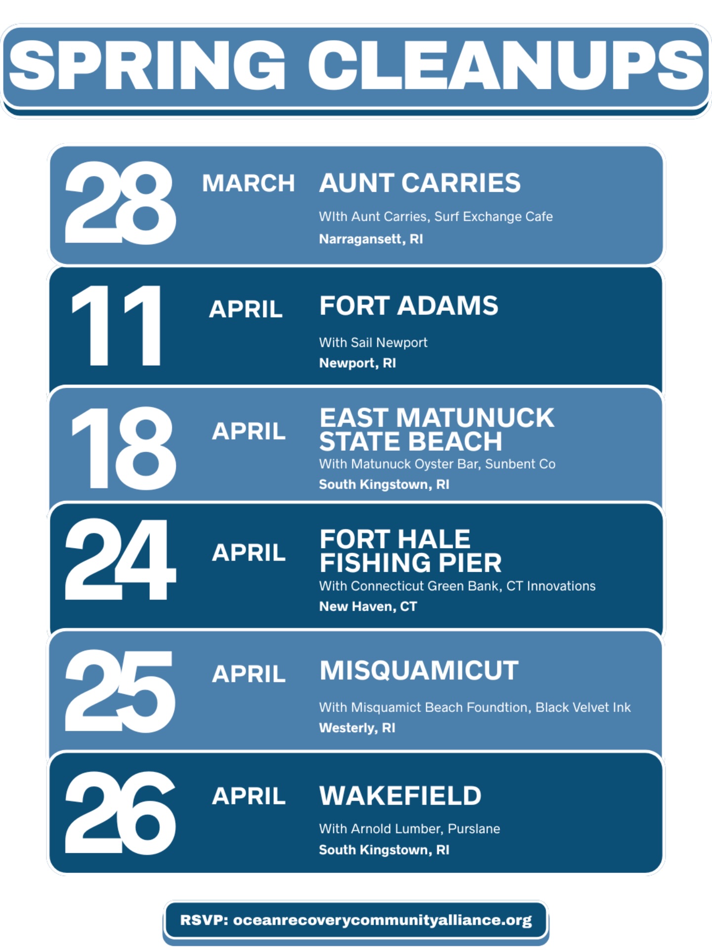 ORCA’s Spring Cleanup Series is kicking off across Rhode Island and Connecticut, and we’d love to see you there. From Narragansett to New Haven, we’re partnering with amazing local businesses and organizations to help keep our beaches and waterfronts clean for the season ahead.
Each cleanup is a chance to spend time outside, meet other ocean-minded neighbors, and make a real impact on the coastline we all care about.
Be sure to sign up on the ORCA website.
We can’t wait to see our community out there again.
#BeachCleanup #OceanConservation #VolunteerToday #RhodeIsland #ProtectOurCoast
