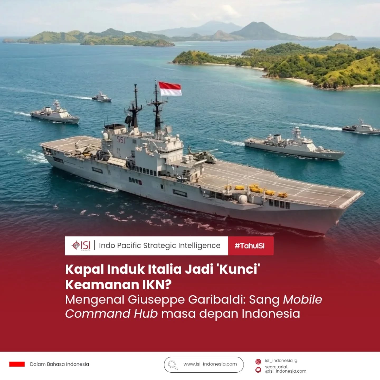 Kita tahu bahwa sebagai negara kepulauan dengan wilayah laut yang sangat luas, Indonesia menghadapi tantangan besar dalam menjaga keamanan maritim.
Pasti sudah dengar kan soal kapal induk asal Italia yang akan datang?
Ada konsep Mobile Defense yang menekankan fleksibilitas, mobilitas, serta integrasi lintas matra untuk merespons dinamika ancaman yang semakin kompleks.
Sejauh mana platform ini dapat berperan sebagai force multiplier dalam doktrin pertahanan Indonesia ke depan? Swipe untuk membaca analisis lengkapnya...
Referensi:
-Doktrin TNI AL Jalesveva Jayamahe (2018)
- Doktrin TNI AU Swa Bhuwana Paksa (2019)
-Draf Kebijakan Umum Pertahanan Negara (Jakumhanneg) 2025-2029
- Sishanudnas Cakra / IAADS Concept Document
- FGD ISI-UNHAN Report: Aircraft Carrier Cruiser Giuseppe Garibaldi (2025)
#TahuISI #RiseForTheNation #MaritimeSecurity #Garibaldi #Indonesia