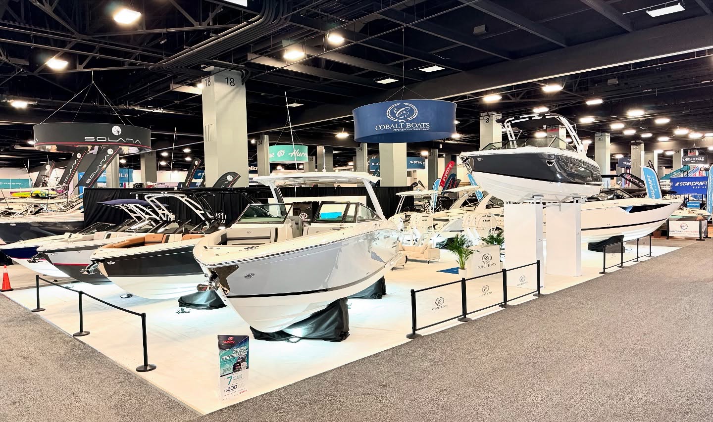Miami Boat Show - COBALT // Trade Show displays design, fabrication and setup by MK Displays. #custombooth #exhibitdesign #mibs #mibs2024 #cobaltboats #marineconnection