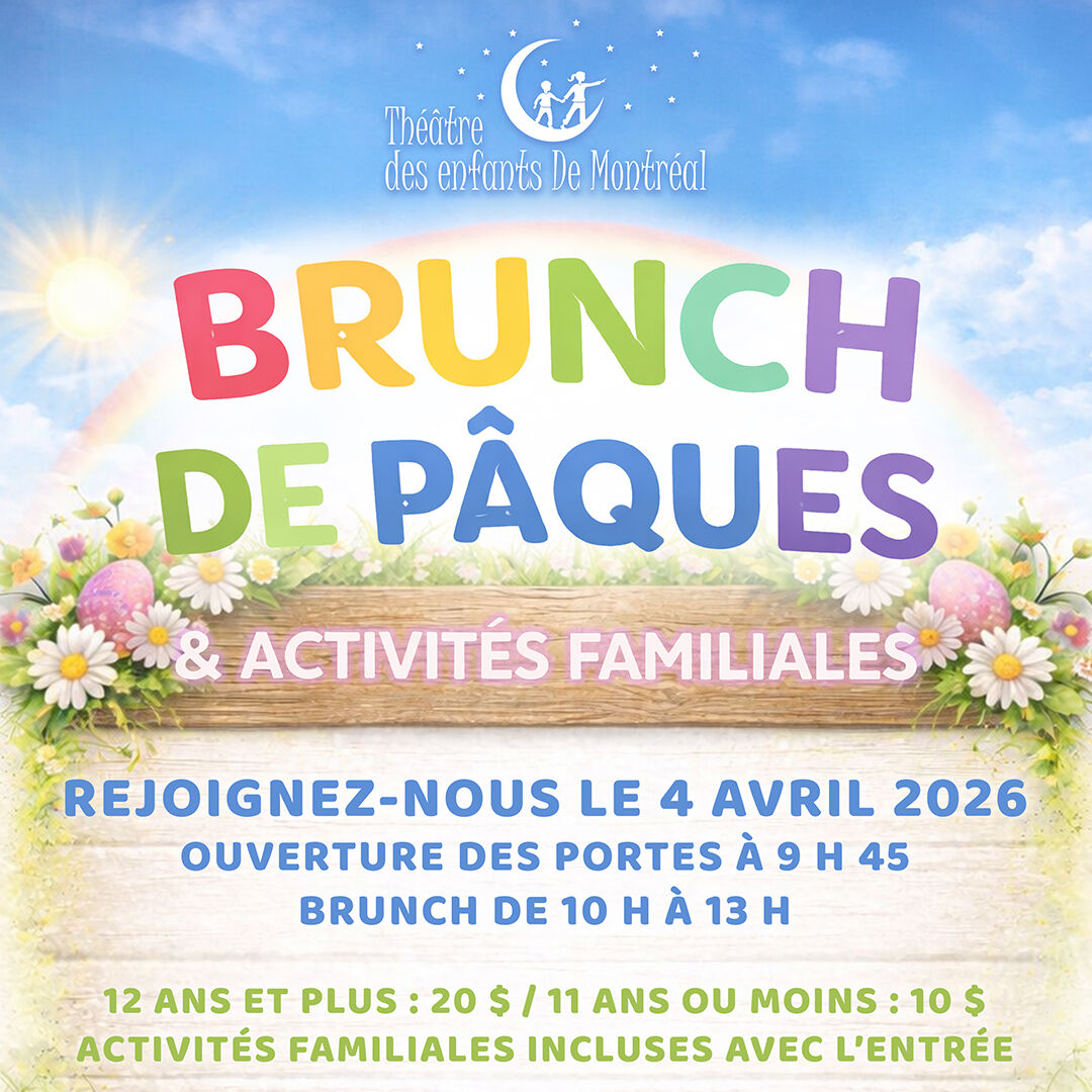 🐣 Easter Brunch & Family Activities – April 4, 2026
Join the Montreal Children’s Theatre for a festive Easter morning filled with delicious food, fun, and community. Families are invited to enjoy a delicious brunch together followed by family activities for all ages.
📅 April 4, 2026
🚪 Doors open: 9:45 AM
🥞 Brunch: 10:00 AM – 1:00 PM
🎟 Tickets
12 years or more: $20
11 years or less: $10
✨ Family activities included with admission
📍 6225 Ave. Godfrey & Parc Leduc
--- https://www.montrealchildrenstheatre.ca/event-details/brunch-de-paques-et-chasse-a-la-banque-du-cochon-easter-brunch-piggy-bank-hunt ---
🐣 Brunch de Pâques et activités familiales – 4 avril 2026
Joignez-vous au Théâtre des enfants de Montréal pour une matinée de Pâques festive remplie de bonne nourriture, de plaisir et d’esprit communautaire. Les familles sont invitées à profiter d’un délicieux brunch ensemble, suivi d’activités familiales pour tous les âges.
📅 4 avril 2026
🚪 Ouverture des portes : 9 h 45
🥞 Brunch : 10 h – 13 h
🎟 Billets
12 ans et plus : 20 $
11 ans ou moins : 10 $
✨ Activités familiales incluses avec l’entrée
📍 6225, avenue Godfrey et parc Leduc
#MontrealChildrensTheatre
#TheatreDesEnfantsDeMontreal
#MontrealEvents
#FamilyEvent
#FamilyActivities
#MontrealFamilies
#SouthShoreMontreal
#EasterBrunch
#BrunchDePaques
#SpringInMontreal
#KidsActivities
#MontrealCommunity
#WeekendInMontreal
#FamilyFun
#MontrealLife