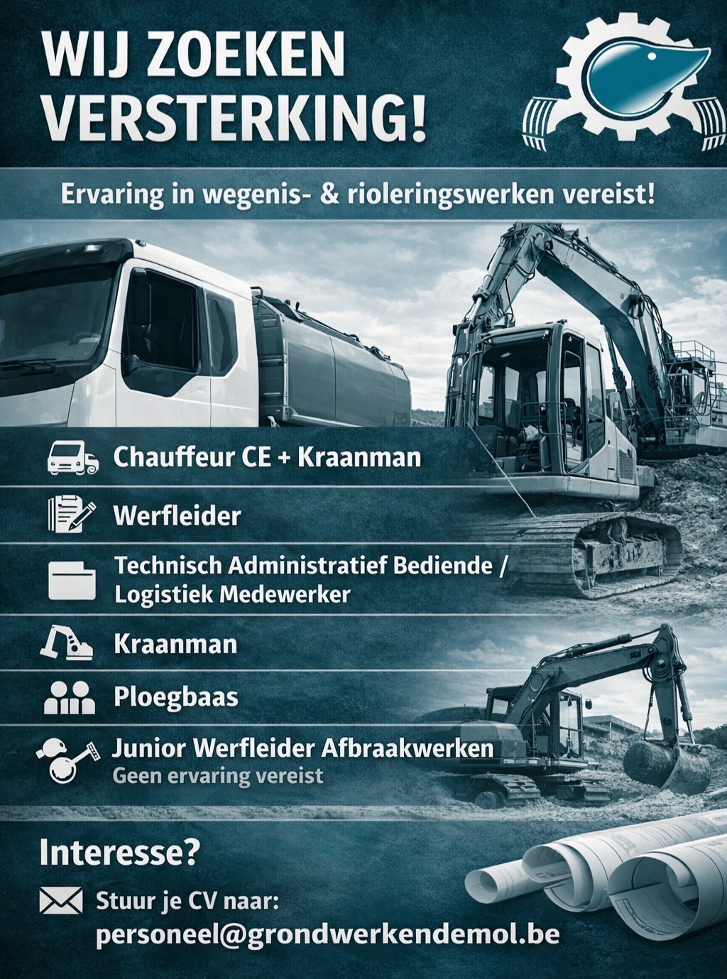 🚧 WIJ ZOEKEN VERSTERKING! 🚧
Ben jij klaar voor een nieuwe uitdaging in de bouwsector? 💪
Wij zijn alvast op zoek naar gemotiveerde en gedreven nieuwe collega’s!
🔎 Ervaring in wegenis- en rioleringswerken is noodzakelijk (behalve waar vermeld).
Openstaande vacatures:
👷♂️ Chauffeur CE + Kraanman
👷 Werfleider
🗂️ Technisch Administratief Bediende / Logistiek Medewerker
🚜 Kraanman
👷♂️ Ploegbaas
🌱 Junior Werfleider Afbraakwerken (geen ervaring vereist)
Wat bieden wij?
✅ Stabiele jobs met veel afwisseling en uitdaging
✅ Correcte verloning volgens ervaring
✅ Familiale werksfeer
✅ Doorgroeimogelijkheden
Klaar om mee te bouwen aan sterke projecten? 🏗️
📩 Stuur je CV naar personeel@grondwerkendemol.be
Tag iemand die perfect zou passen! 👇
#vacature #bouwsector #wegenwerken #rioleringswerken #werf #jobs #aanwerving #demol #teamdemol