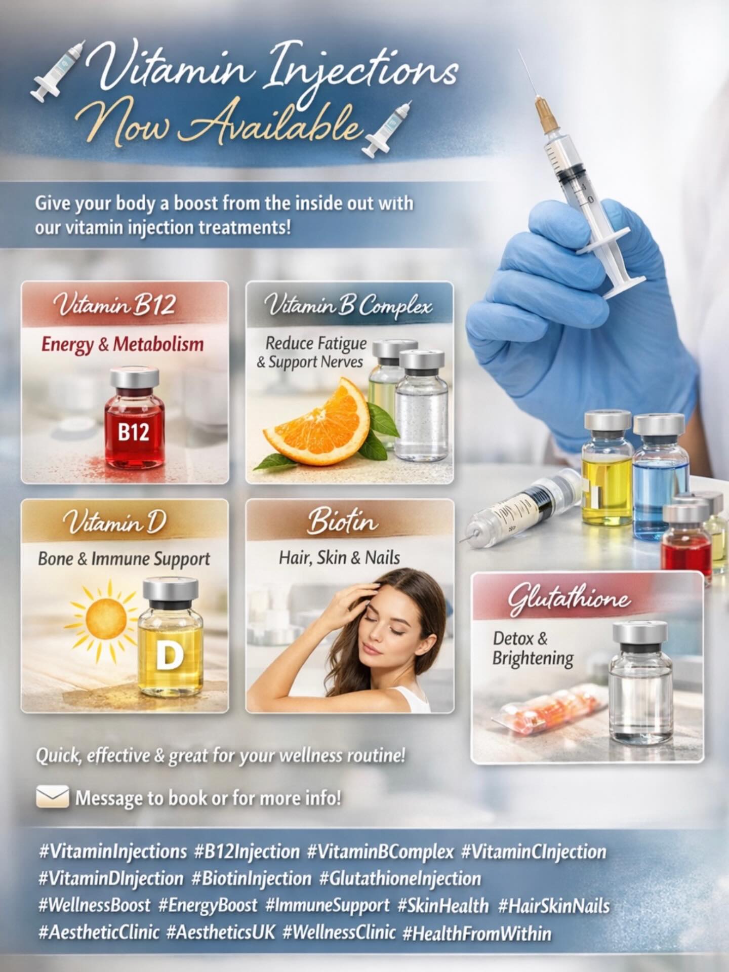 💉 Vitamin Injections Now Available 💉
Give your body a boost from the inside out with our vitamin injection treatments. These quick treatments deliver essential nutrients directly into the bloodstream for better absorption and faster results.
Available injections:
• Vitamin B12 – Supports energy levels, brain function and metabolism
• Vitamin B Complex – Helps reduce fatigue and supports the nervous system
• Vitamin C – Immune support and powerful antioxidant for skin health
• Vitamin D – Supports immunity, bone health and overall wellbeing
• Biotin – Helps promote healthy hair, skin and nails
• Glutathione – Known as the “master antioxidant”, supports detoxification and brighter looking skin
Treatments are quick, simple and can be added to your regular wellness routine.
📩 Message to book or for more information.
#VitaminInjections #B12Injection #VitaminBComplex #VitaminCInjection #VitaminDInjection BiotinInjection GlutathioneInjection WellnessBoost EnergyBoost ImmuneSupport SkinHealth HairSkinNails AestheticClinic AestheticsUK WellnessClinic HealthFromWithin