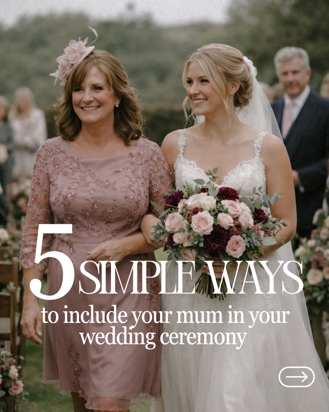 Looking for simple ideas on how to involve your mums in your wedding ceremony? These have been some of the most popular with my couples over the years. 🩷💚
.
Walk down the aisle together - out of all of the walks you’ve shared with your mum over your lifetime, I can promise you this will be her favourite!
.
Ask her to do a reading - this could be from one of your favourite childhood stories or your mum could even write something herself to read.
.
Honour your mum with a rose tribute - if you’ve lost your mum or she can’t be at your ceremony, this is a beautiful way to honour her. You and your partner, or even your wedding party can lay roses on a chair dedicated to your mum at the start of the ceremony.
.
Ask her to share some marriage advice - let’s face it - mum knows best! Ask her to share some words of wisdom that your celebrant can include in your ceremony.
.
Invite her to be a witness - whether you are having a celebrant, registrar or church wedding this works well for all three. It’s a great way for your mum to be involved and means her name will be on your wedding certificate forever.
.
If you’re planning your wedding ceremony, don’t forget to save this post for inspiration, and make sure you’re following for more tips and advice!
.
Happy Mother’s Day! 💖