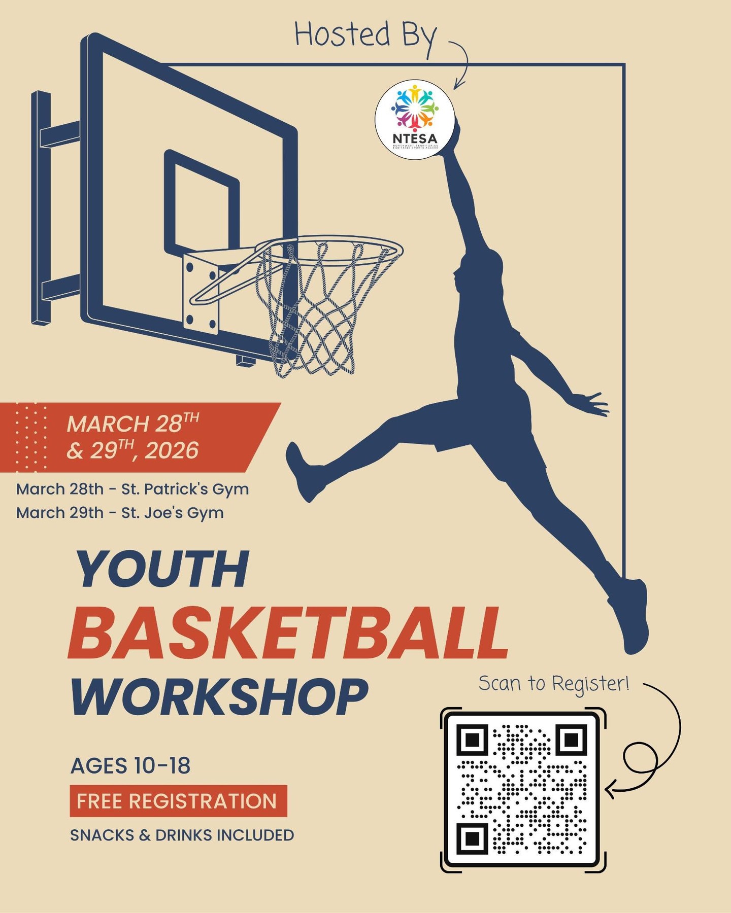 Join NTESA for a youth basketball workshop on Saturday, March 28th and Sunday, March 29th at St. Pat's and St. Joe's gyms respectively!
All skill levels are welcome. This is a good opportunity to try basketball in a stress-free environment!
Please note the age for participants is 10 to 18 years old. The events will be co-ed!
Snacks and drinks will be provided.
Register at link in bio.