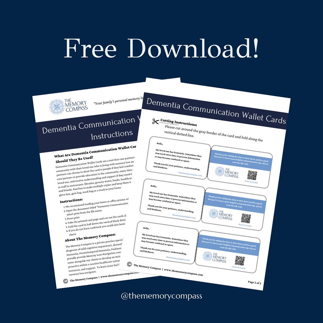 Our Dementia Communication Wallet Cards are available as a PDF download delivered straight to your inbox! Simply subscribe to our mailing list by clicking the link in our bio to download yours today!
I have been handing these cards out within my own community for over a year and have had several requests to mail to others.
You can feel free to use them for yourself, within your work setting, or share them with others in your own community. They also include a QR code for additional education.
If you are not interested in having a copy of the Dementia Communication Wallet Cards but still interested in joining our mailing list just click the link in our bio and scroll down to the button requesting to join.
The Memory Compass will be celebrating 4 years in April! 🎉 It has only taken me almost 4 years to create a mailing list 😅
If you are interested in receiving helpful dementia tips, vetted resources, product recommendations, news about special offers & upcoming events, FREEBIES then we would love to have you join! All are welcome - individuals living with memory loss, care partners, and healthcare professionals 💙
#dementiacare #dementiacaregiver #dementia #alzheimersawareness #alzheimersdisease #alzheimerscare #memoryloss #aphasia #privatepracticeslp #medslp #slplife #slp2b #occupationaltherapy #physicaltherapy #cota #pta #healthcareeducation #healthcareprofessional #sandwichgeneration #frontotemporaldementia #vasculardementia #lewybodydementia #alzheimers