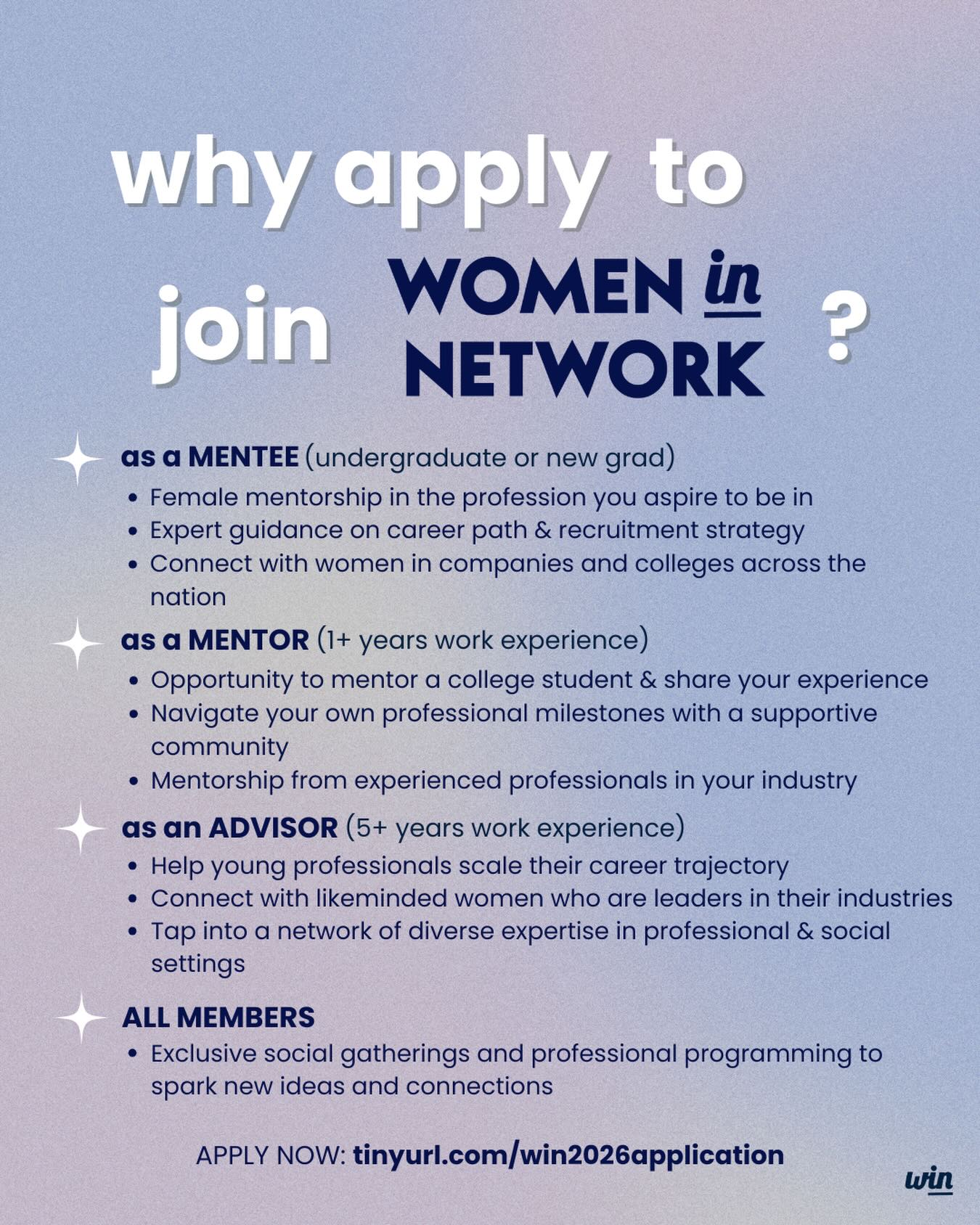 💫4 DAYS UNTIL WIN MEMBERSHIP APPS ARE DUE (March 18 @ 11:59pm PT)!
At Women in Network, our mentorship program is designed to ensure everyone is connected and growing. Mentees are connected to mentors, mentors are connected to seasoned advisors, and advisors connect with a supportive network of peers. Plus we have a consistent calendar of socials and development programming designed to build relationships and spark conversation for all members across every level.
Whether you’re just starting out or leading the way, we’d love to have you as part of our community!!
Apply at the link in our bio!