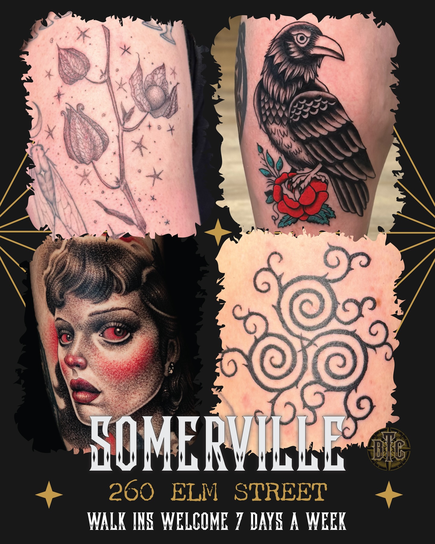 Enjoy these recent tattoos we’ve been loving from the resident artists at our Somerville Tattoo Shop 🔥
.
Featured in this post:
Zach @zachyoungink
Cheddah @bigcheddiesbotanica
Tyler @tyylerbydesign
Grace @ghost_o_grace
Hailey @allhailtattoos_
Milo @mxminks
Kurt @dirtyblackboots
.
We take walk-ins 7 days a week in Davis Square. 12-8pm Mondays-Saturdays and 12-5pm on Sundays. Stop by the shop at 260 Elm Street to chat with an artist about starting that next big piece 🌟
.
#bostontattoo #realismtattoo #americantraditional #blackandgreytattoo #femaletattooartist