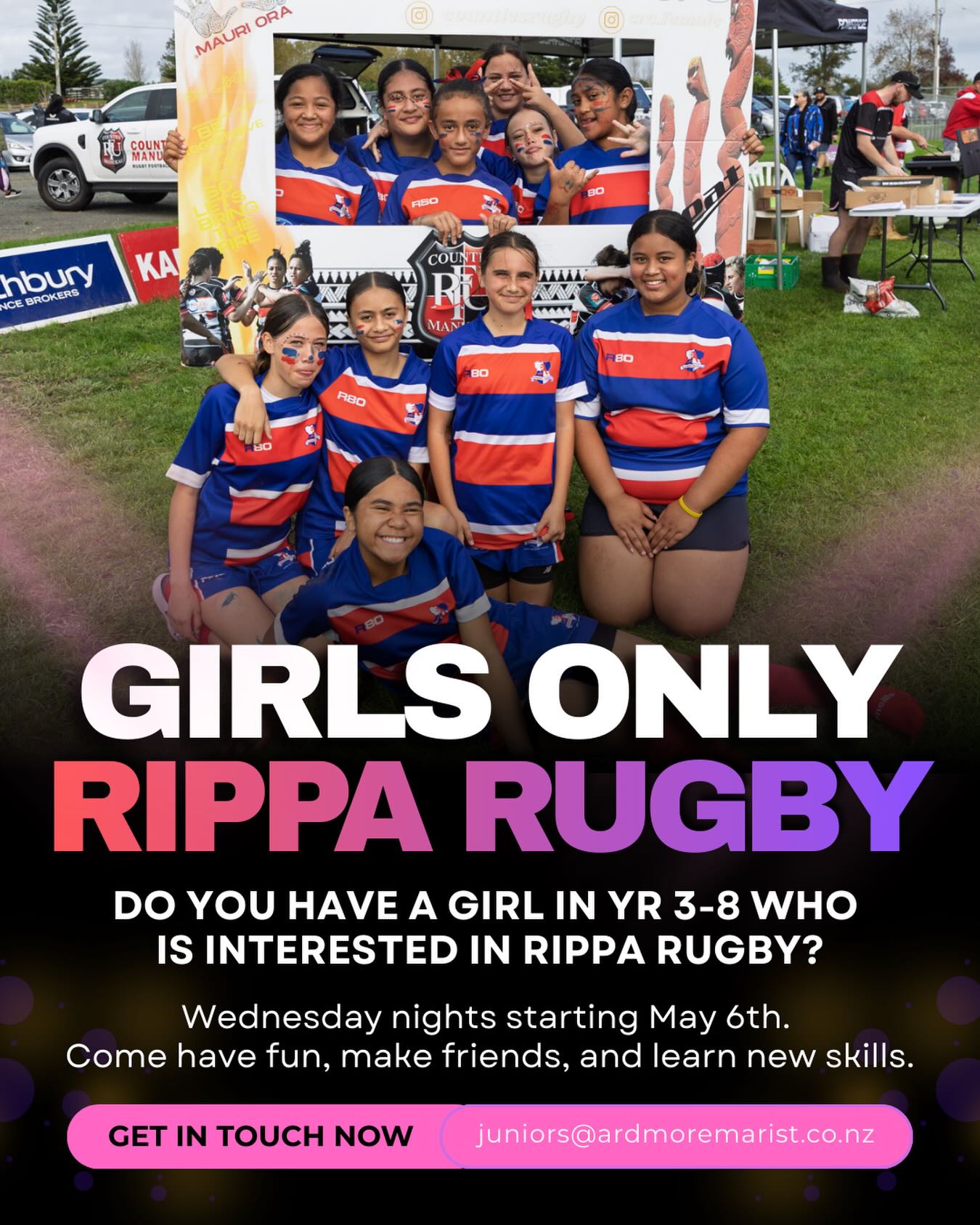 Girls Rippa is back! 🏉💥
If you were here last season, we’d love to have you back. If you’re new, we’d love for you to join the team!
We have spaces in our Years 3/4, 5/6 & 7/8 teams. Come have fun, make friends, and learn new skills.
Kicks off May 6th, every Wednesday night.
Email us now - juniors@ardmoremarist.co.nz ✨
#nzrugby #womensrugby #ardy #amrsc