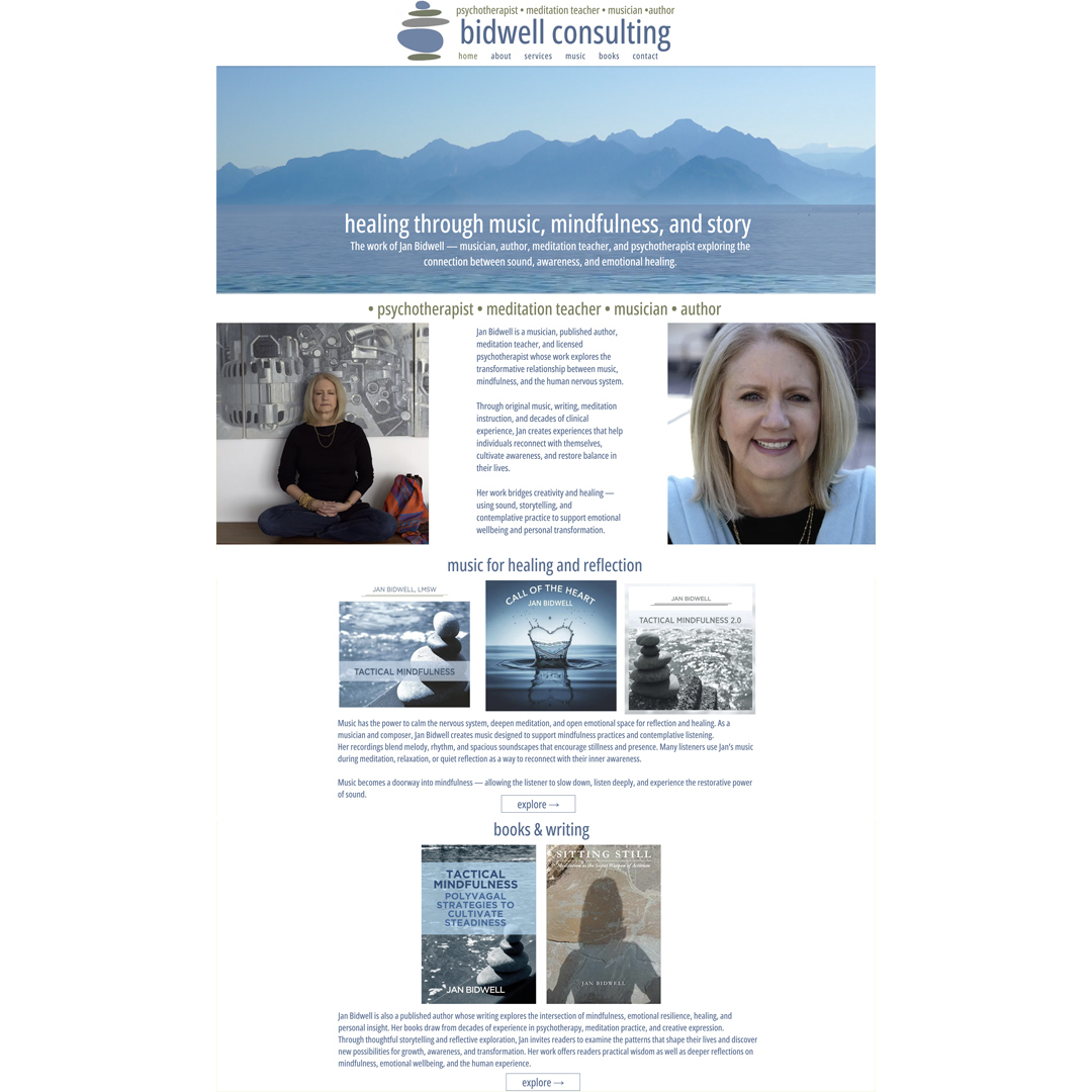 We’re proud to highlight our client Jan Bidwell — a meditation teacher, psychotherapist, musician, and author dedicated to helping people cultivate mindfulness, emotional resilience, and deeper self-awareness. Through her work in mindfulness training, trauma-informed therapy, workshops, meditation music, and writing, Jan supports individuals on their path toward healing and greater awareness.
Jan is also the author of powerful mindfulness books including Tactical Mindfulness and Sitting Still, and she has released several meditation music albums such as Tactical Mindfulness Meditation Music, Tactical Mindfulness 2, and Call of the Heart Meditation Music—all designed to support meditation, reflection, and emotional balance.
For more than five years, Petite Taway has had the privilege of working with Jan to strengthen her online presence and expand her reach. Our partnership has helped connect her work with more clients in Michigan and beyond, bringing her message of mindfulness and healing to a growing community.
Discover Jan’s books, music, and mindfulness resources:
https://www.janbidwell.com/
#ClientSpotlight #JanBidwell #Mindfulness #MeditationMusic #TraumaHealing #EmotionalWellness #PetiteTaway #AuthorSpotlight