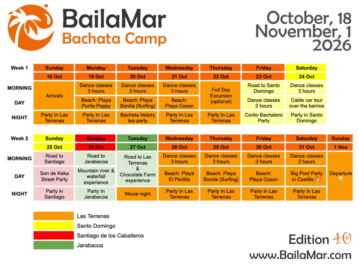 ✨ BailaMar Bachata Camp — October Edition
This October, we’re taking our time, our dancing, and our curiosity a little further.
💃🏽🌴 We’ll once again call Las Terrenas home — a place where dance is part of everyday life and the sea is never far away. From there, we’ll set off to explore more of the Dominican Republic, each place adding its own rhythm to the journey.
👉 Santiago de los Caballeros
We’ll visit the country’s second capital and step into the atmosphere of the Son de Keka street party, as well as EiSitio bachatero. Here, bachata isn’t divided by age or experience — everyone dances together, and that’s what makes it special. 🎶
👉 Jarabacoa
A change of scenery as we move into the mountains. Waterfalls, rivers, cooler air, and a slower pace during the day — followed by a local night out that shows a different face of Dominican social life. 🌿
👉 Santo Domingo
Historic streets, evening walks, and a nightlife that feels lived-in rather than staged. We’ll also join Corito Bachatero, a gathering where the love for bachata is deep and shared. 🎶
✨ What stays constant is the BailaMar way:
✔️ Carefully designed classes with experienced local and international instructors
✔️ Genuine connection with Dominican culture and daily life
✔️ Tasty homemade meals
✔️ Small groups, close communication, and personal attention
✔️ An organized, thoughtful route — so you don’t have to think about logistics
Get ready for dance, music, moments and friends that will stay with you long after the trip ends!
#BailaMar #BachataTravel #DominicanRepublic #DominicanBachata #BachataTradicional