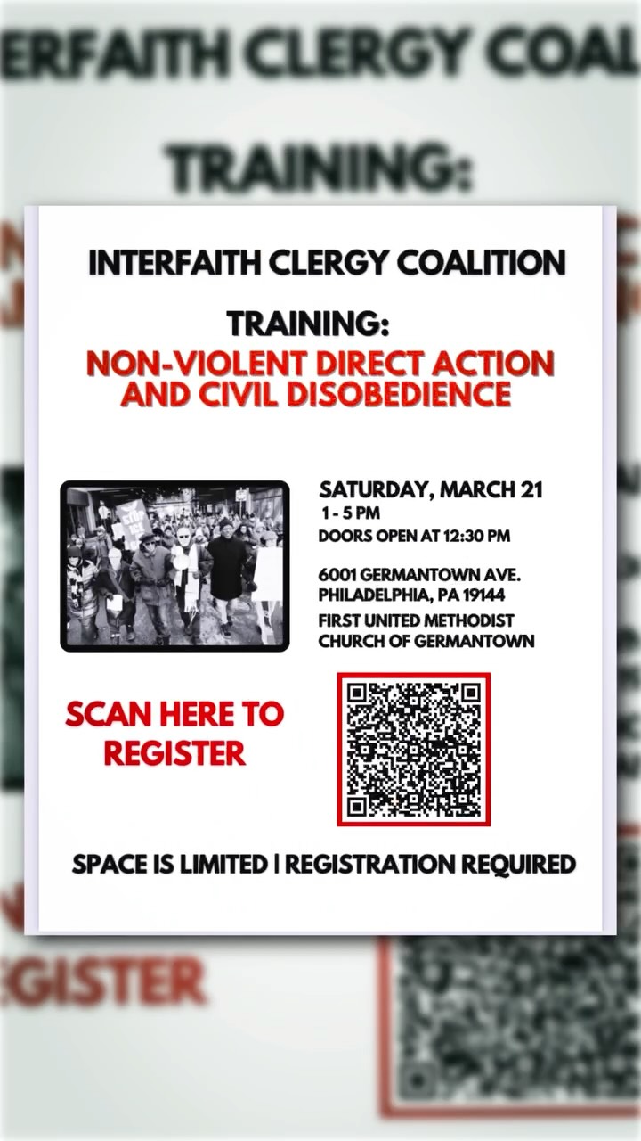 Communities across the country are facing difficult moments that call for courage, wisdom, and care for one another. ✊🏽❤️ Faith leaders and community members have long played a vital role in standing for justice through non-violent action—and preparation matters.
Join us for a FREE training on Non-Violent Direct Action & Civil Disobedience hosted by the Interfaith Clergy Coalition.
🗓 Saturday, March 21
⏰ 1–5 PM (Doors open at 12:30 PM)
📍 First United Methodist Church of Germantown
This training will equip participants with tools, strategies, and grounding in peaceful, faith-rooted action during times when standing up for justice may be necessary. All are welcome—clergy, community leaders, and neighbors who care about protecting dignity and human rights.
⚠️ Space is limited and registration is required.
📲 Scan the QR code on the flyer to register.
Let’s prepare, learn, and stand together—peacefully and faithfully. 🕊️✊🏾