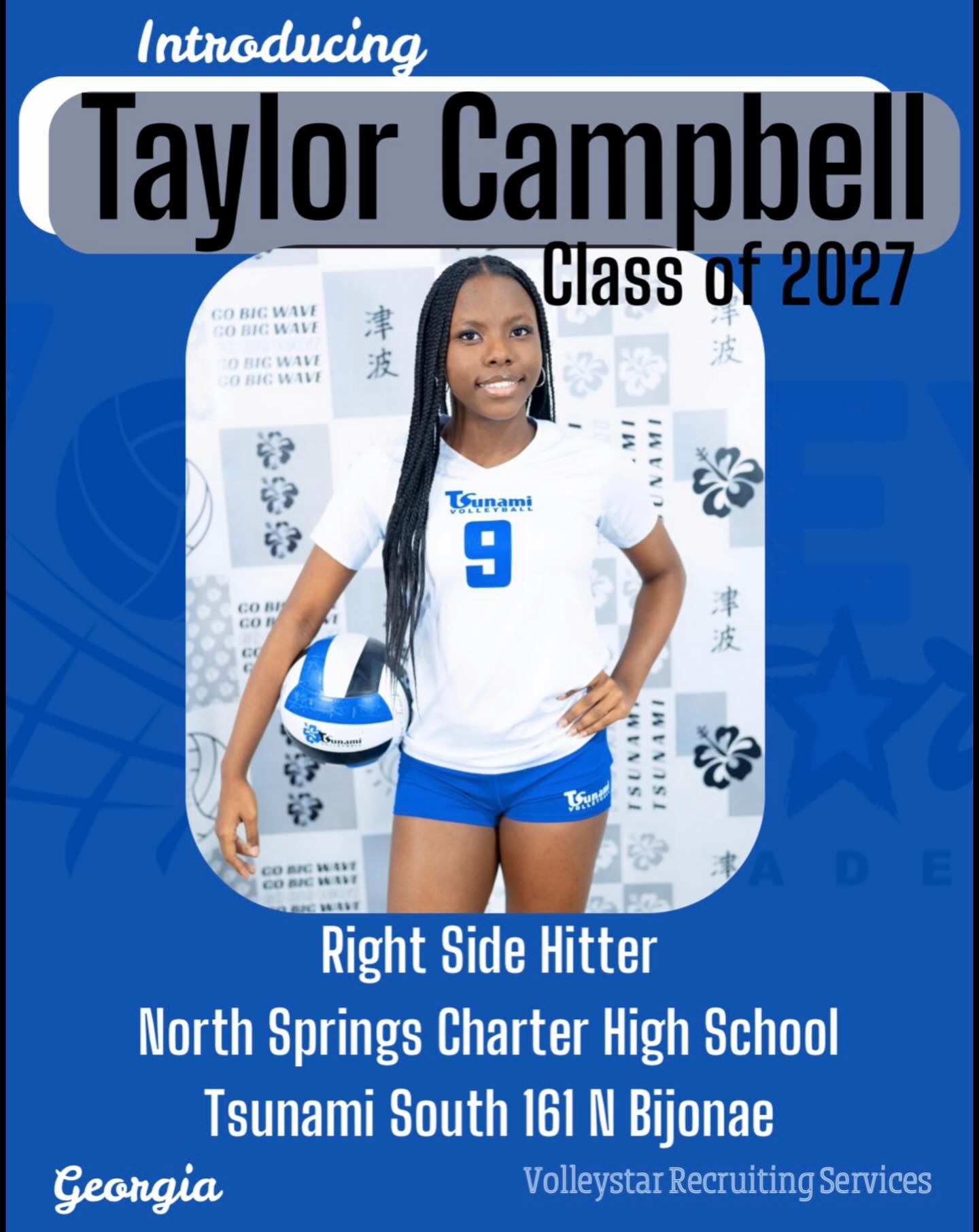 ✨ INTRODUCING TAYLOR CAMPBELL✨
Taylor is a right side hitter that uses her athleticism to her advantage on the court. She has an insane vertical 🤯 is super springy, and is quick in transition.
Taylor plays club for Tsunami South 161 National Bijonae and attends North Springs charter High School.
We are so excited to get to work with Taylor in her recruiting journey!
Taylor is not only a great athlete, but also a truly well rounded student.
Her accolades include:
✨Team Captain
✨2-time Max Preps 2024 player of the game
✨ Taylor is involved in Beta Club, Spanish Honor Society, and takes AP Courses
✨Honor Roll
✨Volunteers weekly at her club coaching the next generation of young athletes U8-12