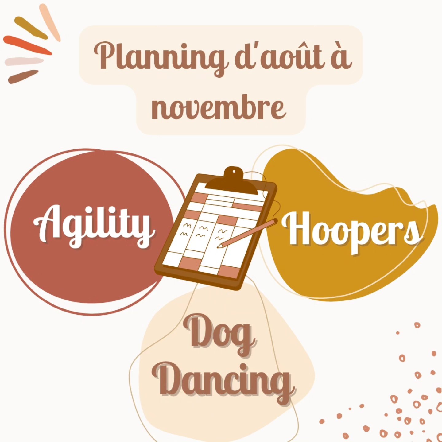 Il y a de quoi occuper tous vos weekends ! 😍
Au programme :
👉🏻 Agility : Un sport idéal pour les duos sportifs ! Il allie cardio, réflexion et concentration ! De quoi apprendre à son chien à se défouler tout en l'aidant à se canaliser et à gérer son excitation 💪🏻
👉🏻 Hoopers : Ce sport est accessible à tous les chiens, quel que soit leur âge ou leur niveau d'expérience et met l'accent sur le travail d'équipe, la communication et le plaisir partagé 🥰
👉🏻 Dog dancing : C'est un sport qui combine des éléments de danse et d'agilité grâce à des tours que l'on apprend à son chien et qui combinés, permettent de créer une chorégraphie. Cette activité permet de créer une forte complicité entre vous et votre chien car vous devez être connecté l'un à l'autre pour réussir à enchaîner les tours ! 😍
Pour vous inscrire, rien de plus simple :
👉🏻 Envoyez moi un message soit sur WhatsApp, soit ici afin qu'on cale un créneau 😁