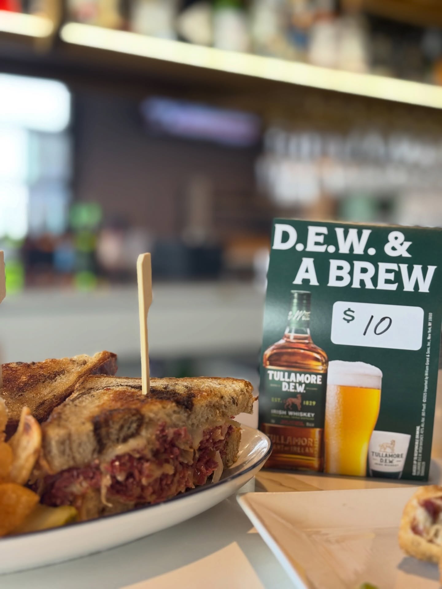 We’re celebrating St. Patrick’s Day with Reuben sandwiches, Reuben egg rolls, and @tullamoredew & Brew for $10. Sláinte, darling. 🍀