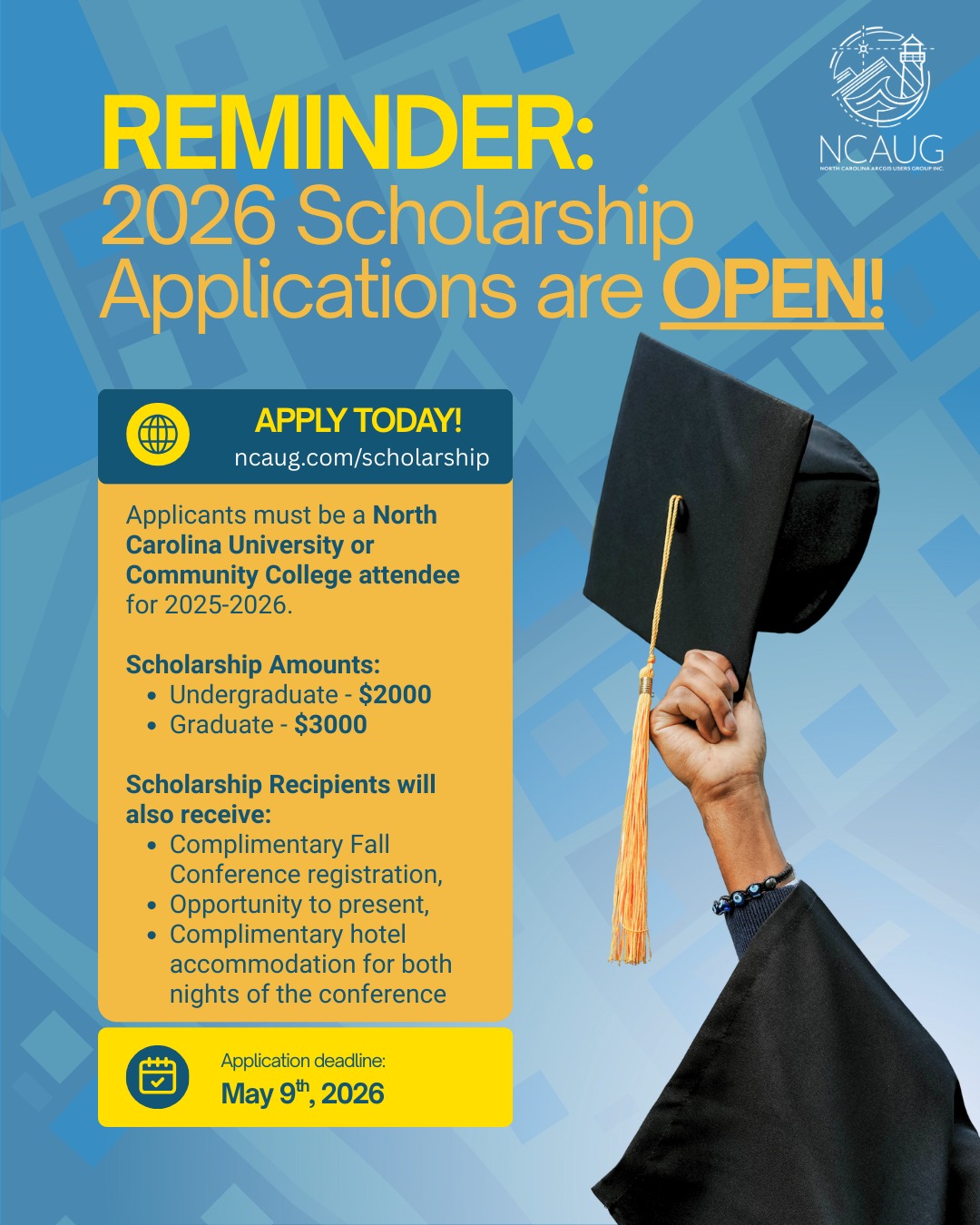 🎓✨ REMINDER: 2026 Scholarship Applications are OPEN! ✨🎓
Are you a North Carolina university or community college student? This is your chance to apply for funding, professional exposure, and conference opportunities all in one.
📅 Deadline: May 9, 2026
🔗 Apply now: ncaug.org/scholarship
#NCStudents #ScholarshipOpportunity #FutureLeaders #CollegeLife #GradSchool #TransportationProfessionals