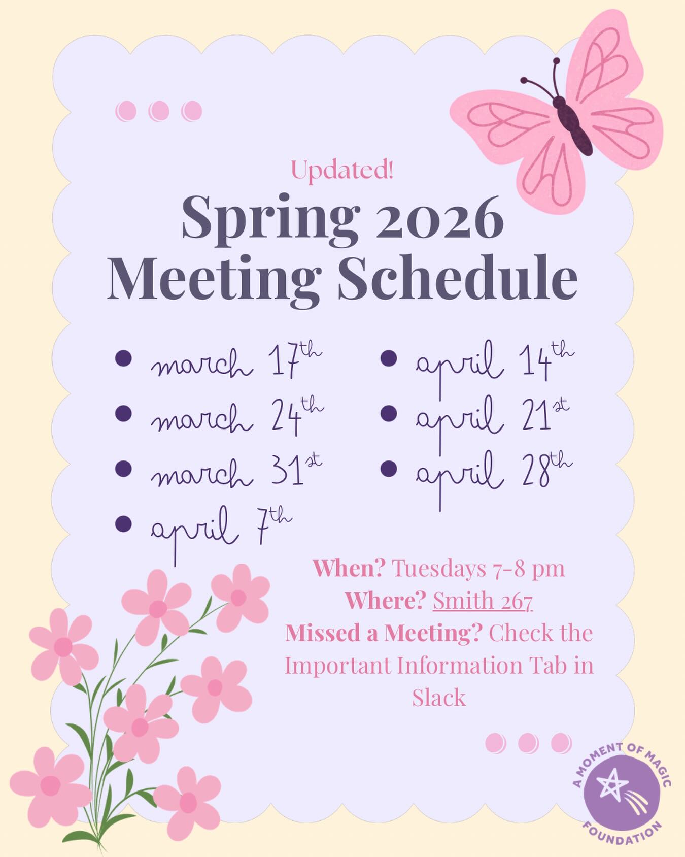 ✨ Schedule update! ✨
Our meetings are officially moving to a new spot, Smith 267! 📍
Same time, same people, just a new room. Can’t wait to see everyone there! 💜
#unccharlotte #amomentofmagic #magic #magicmakers #schedule