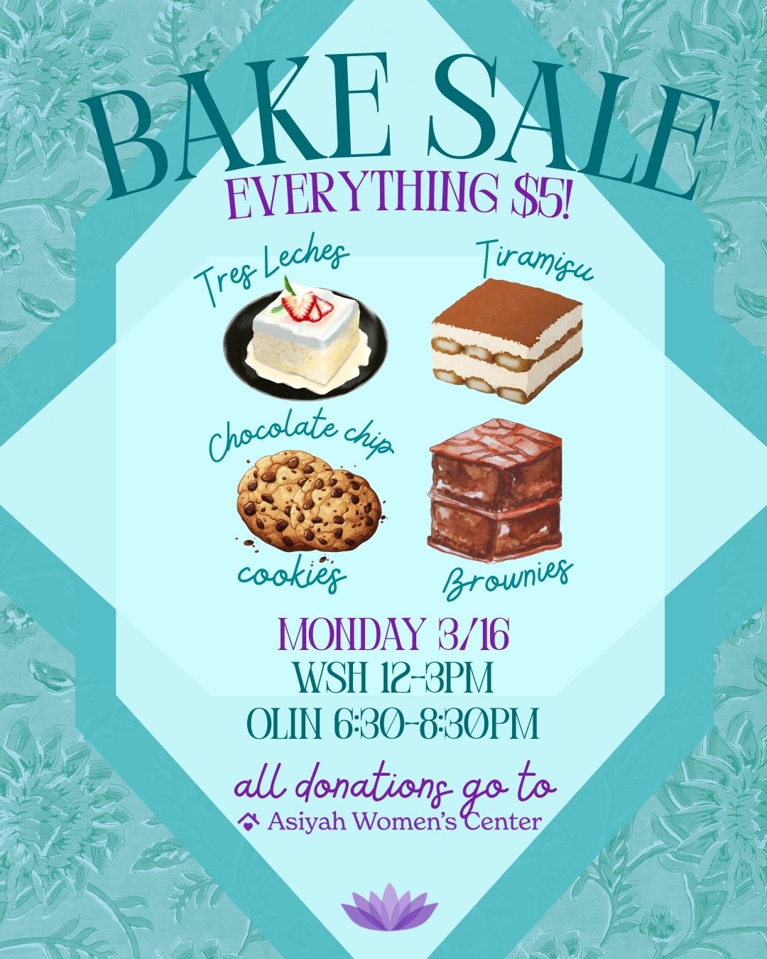 TOMORROW 3/16, SAC will be tabling at WSH and Olin library for a BAKE SALE!!๐ฐ๐ง๐ช
All proceeds will go to Asiyah Women's Center in NYC, and everything will be priced at $5. See you tomorrow for some delicious sweets and good cause!!๐๐