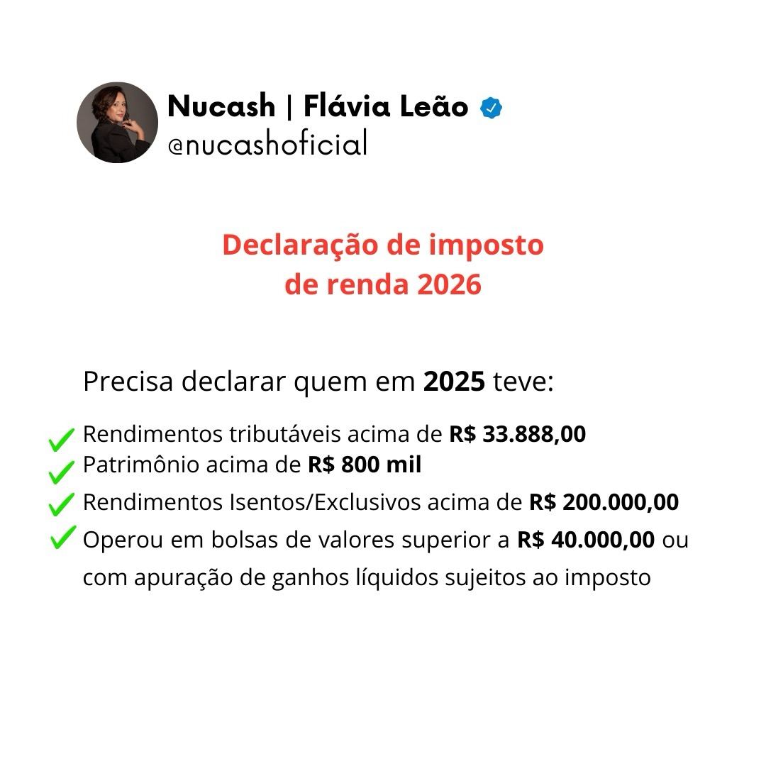 Você sabe se precisa declarar o Imposto de Renda em 2026?
Muita gente deixa para pensar nisso apenas na última hora…
Mas organização financeira também inclui estar atento às obrigações fiscais.
Se você se encaixa em algum desses critérios, já é hora de começar a se organizar.
📌 Salve este post para consultar depois
📤 Compartilhe com alguém que também precisa saber
disso
Consulte o site oficial da Receita Federal e saiba mais!
#ImpostoDeRenda #EducaçãoFinanceira #PlanejamentoFinanceiro #FinançasPessoais #organizaçãofinanceira