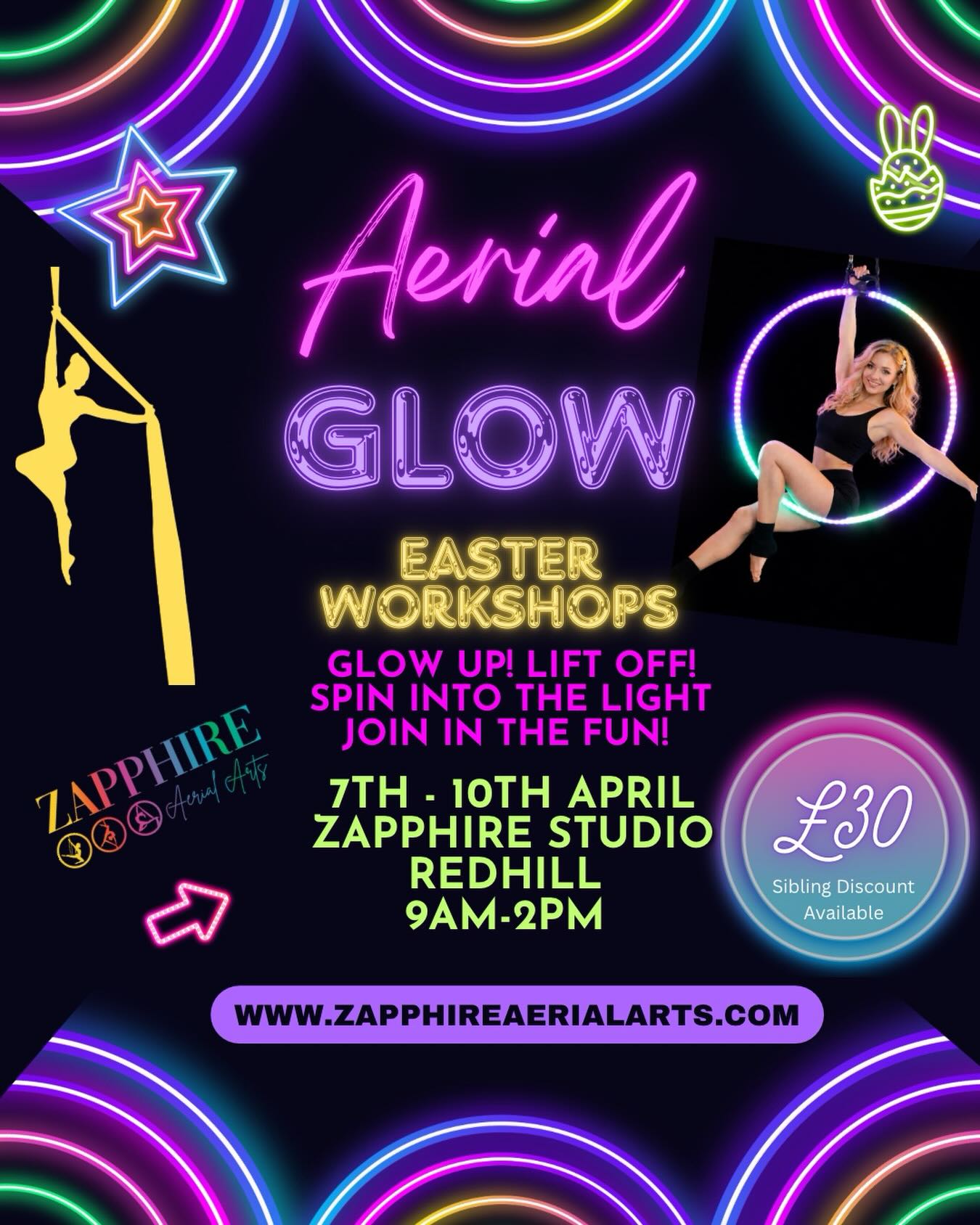 ✨ GLOW AERIAL WORKSHOP ✨
Step into the dark… and watch the magic light up the air! 💫
Join us for our Glow Aerial Workshop, where the studio transforms into a glowing playground of movement, creativity and aerial fun. Expect neon lights, glowing equipment, music, and the chance to try exciting aerial skills in a whole new atmosphere.
Perfect for students who love to fly, spin, and shine! 🌟
Spaces are limited — book now to glow with us! 💜
