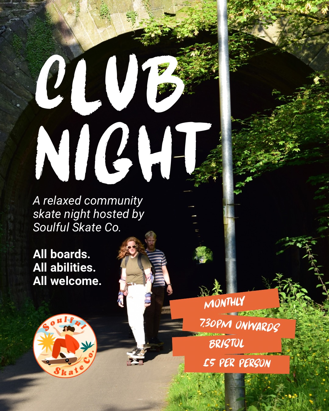 Soulful Skate Co. Club Night 🛹
Club Night is all about bringing people together to skate and connect. A relaxed gathering where we roll around, try different things and meet other lovely skate humans.
These are not formal lessons. We usually warm up together, skate, chat, snack and there is always helicopter style coaching if you would like a few tips. If our legs can take us there, we might head to the pub after.
🛹 All boards welcome. Longboards, surfskates and skateboards
🙌 All ages and abilities welcome
Need a board or protective gear? You can add equipment rental when booking.
If it rains, we move to West End Car Park.
£5 helps cover the time, planning and costs of running these gatherings. If you are planning to come, please book in advance so I can organise numbers and equipment.
If you have completed a Soulful Skate Co course, your first Club Night is free with code SSCGRAD.
All the details and upcoming dates are here:
www.soulfulskateco.com/whats-on/club-night
🤙
